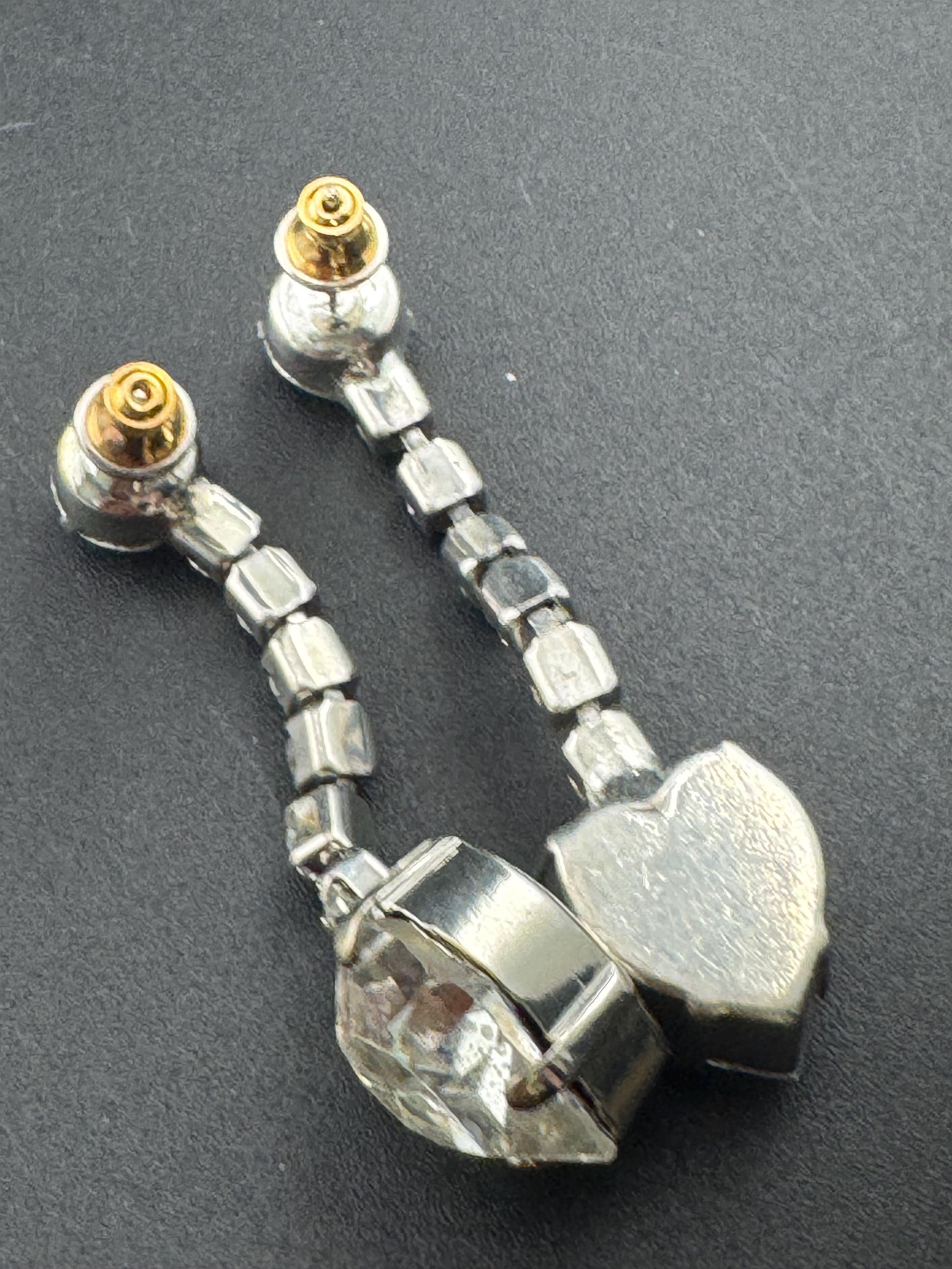 Retro clear claw set rhinestone paste diamanté dangly drop pierced heart earrings , silver tone