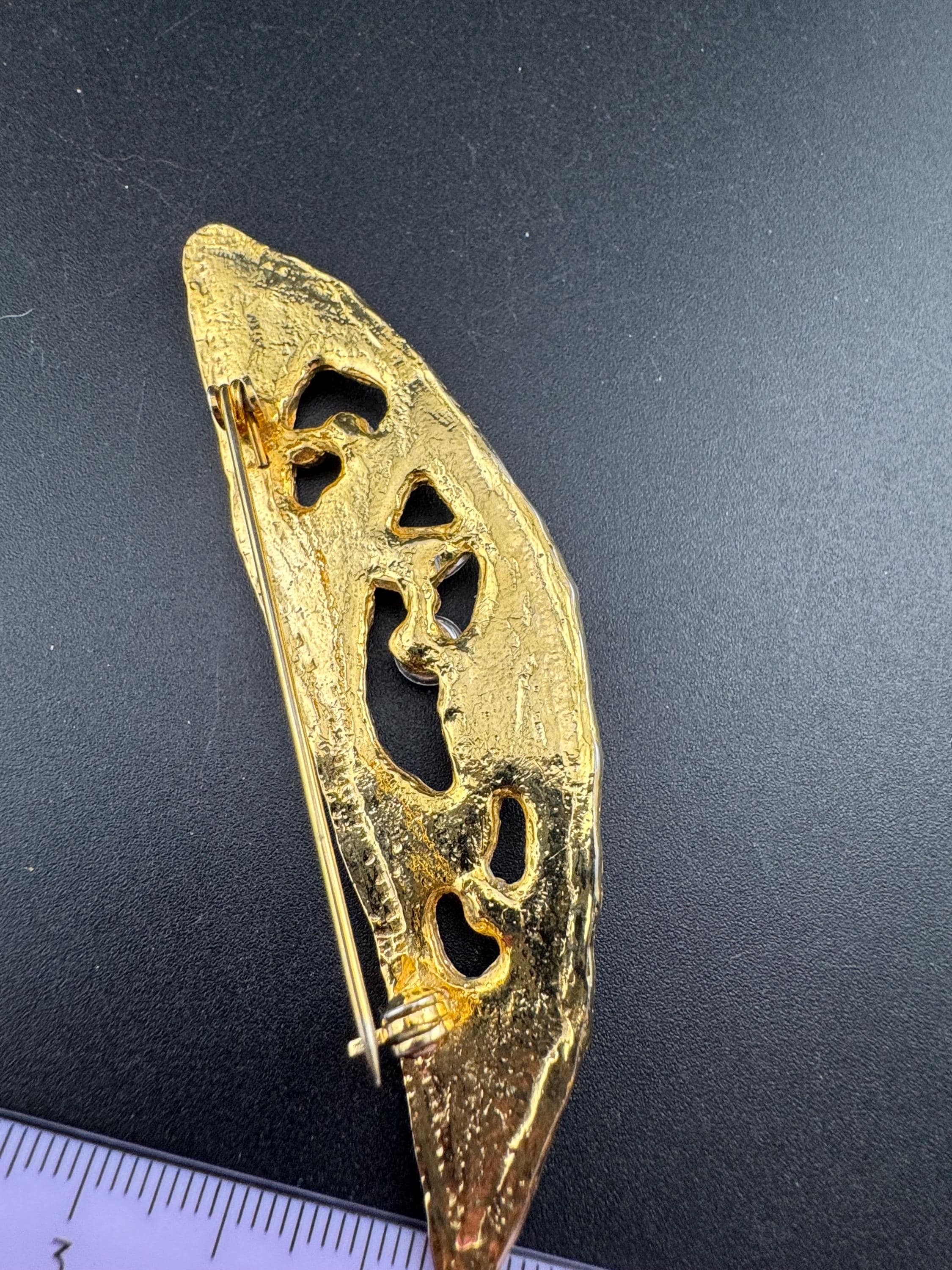 Vintage Oversized Gold Tone Brooch: Red, Blue & Green Diamante Cabochon