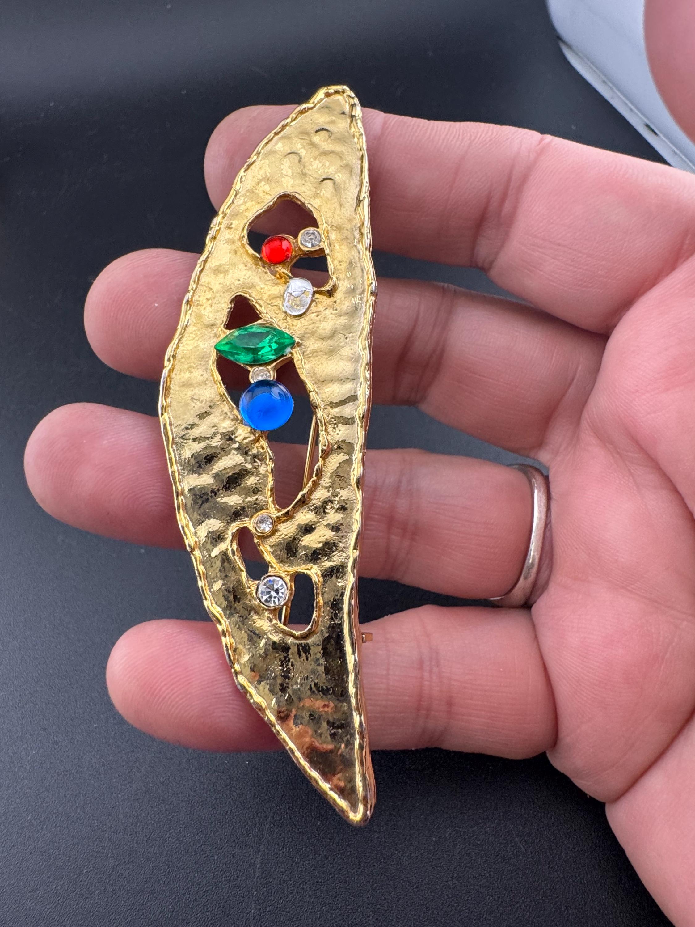 Vintage Oversized Gold Tone Brooch: Red, Blue & Green Diamante Cabochon