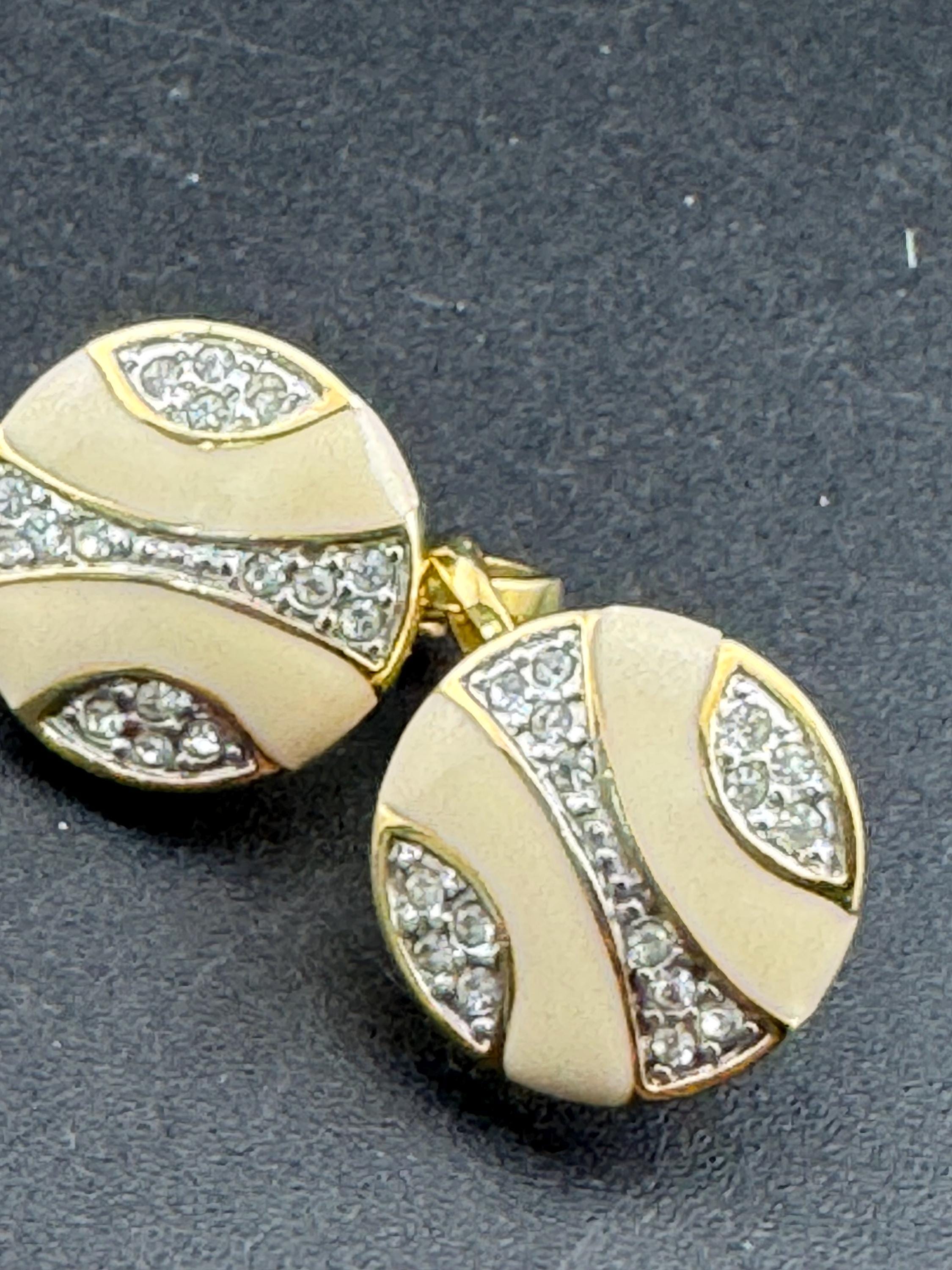 Vintage signed diamanté Gold tone nude natural beige cream enamel round clip on earrings 1980s 1990s