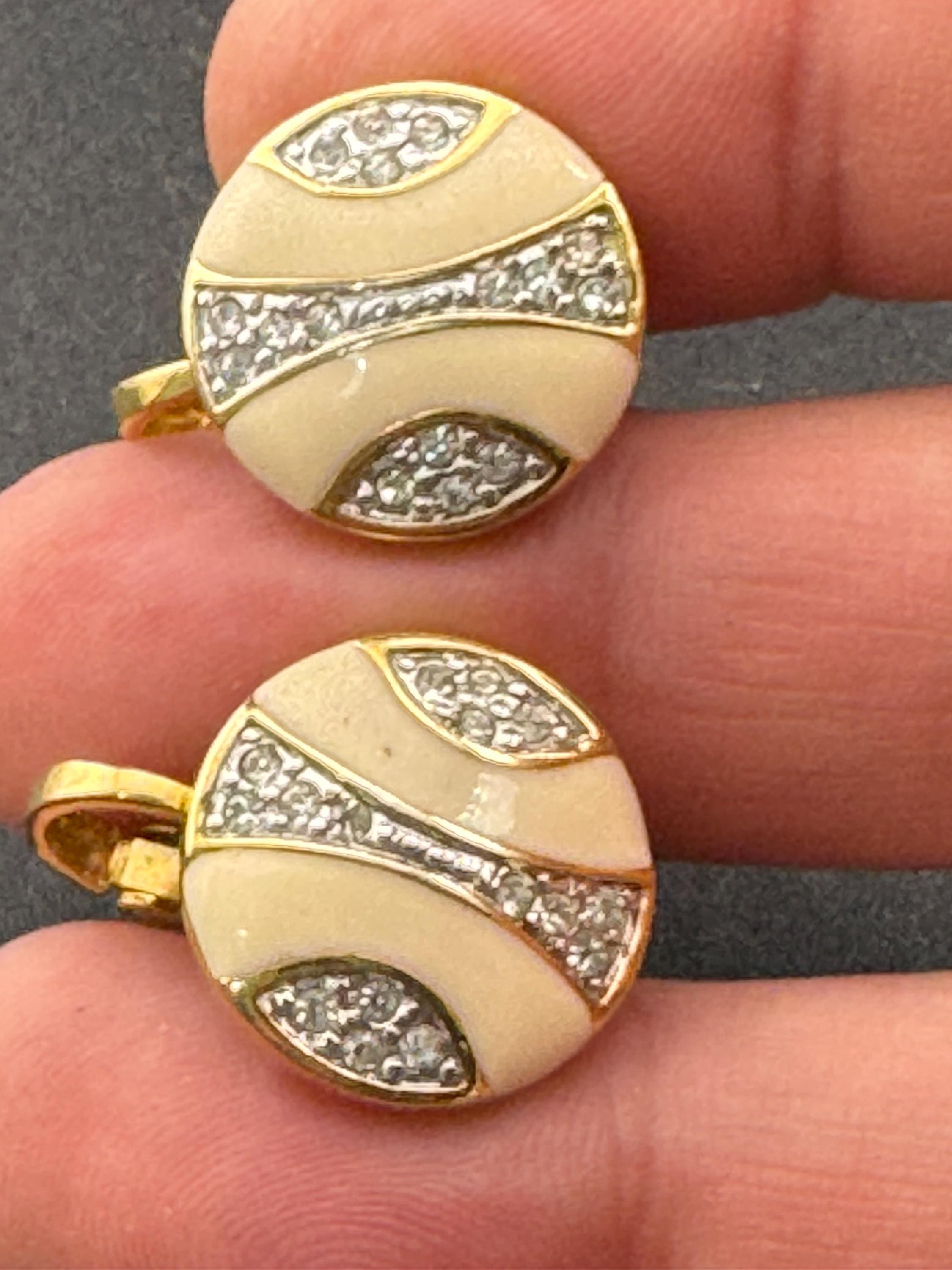 Vintage signed diamanté Gold tone nude natural beige cream enamel round clip on earrings 1980s 1990s