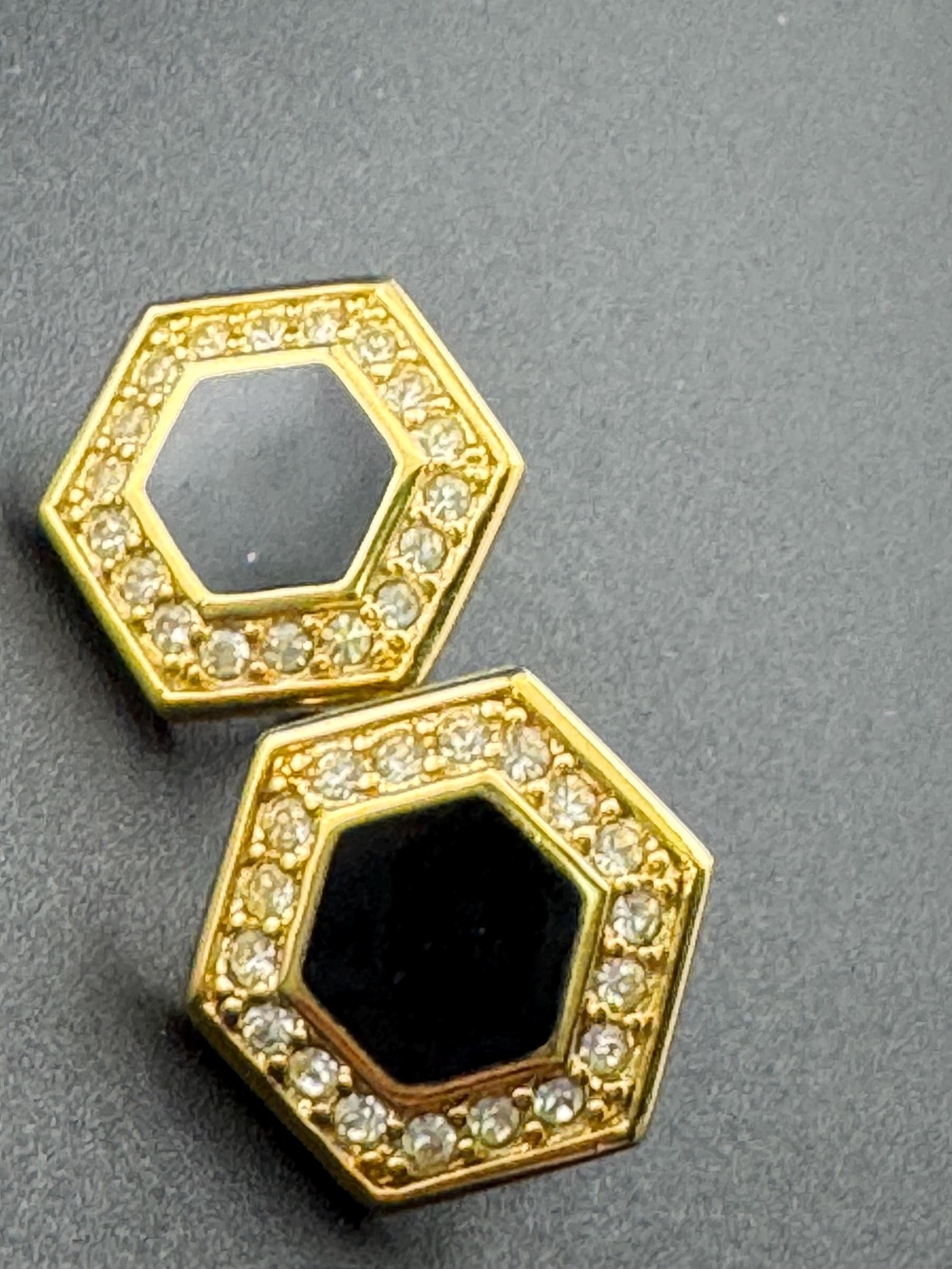 Signed NAPIER Vintage 1980s high end gold tone hexagon black enanel diamanté clip on earrings