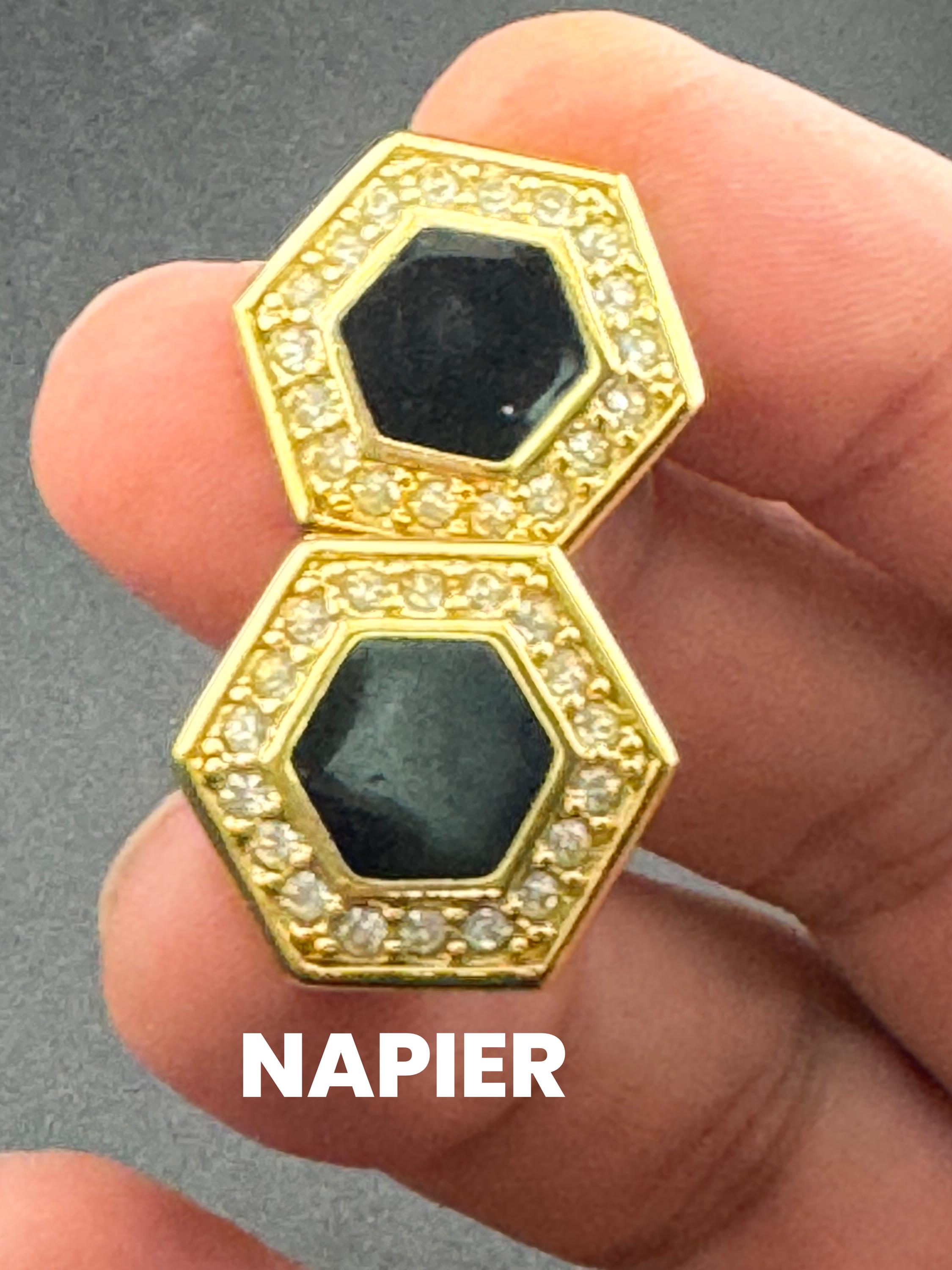 Signed NAPIER Vintage 1980s high end gold tone hexagon black enanel diamanté clip on earrings