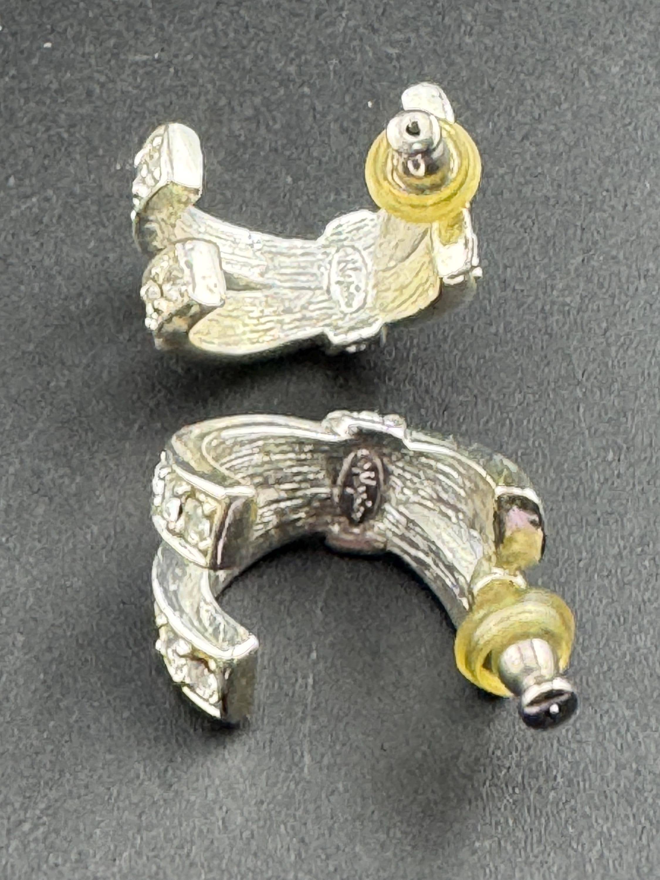 Signed NAPIER Vintage large X silver tone statement designer half hoop pierced earrings