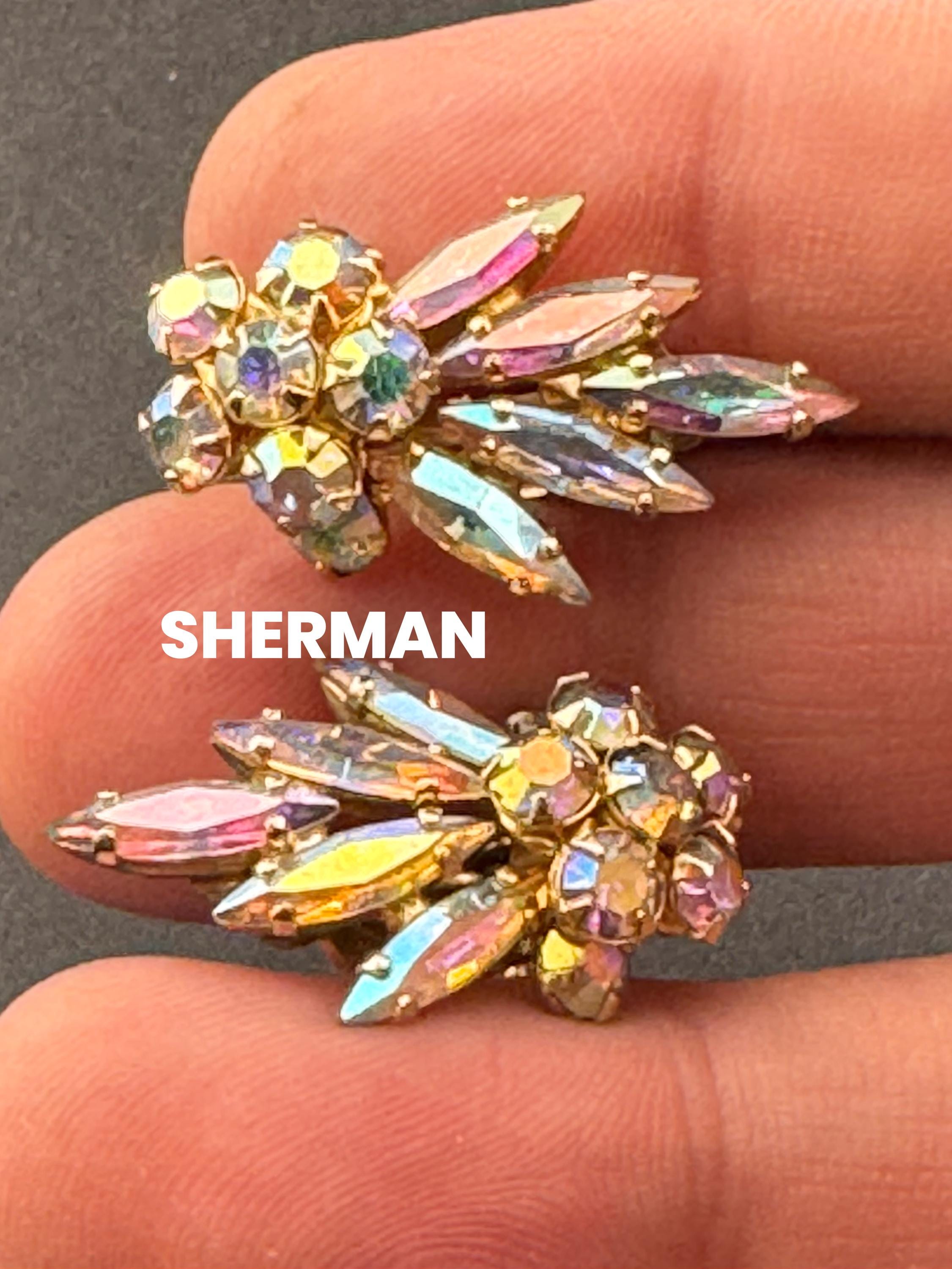 Signed Sherman vintage Clear AB aurora borealis glass rhinestone diamanté gold tone Clip on leaf earrings