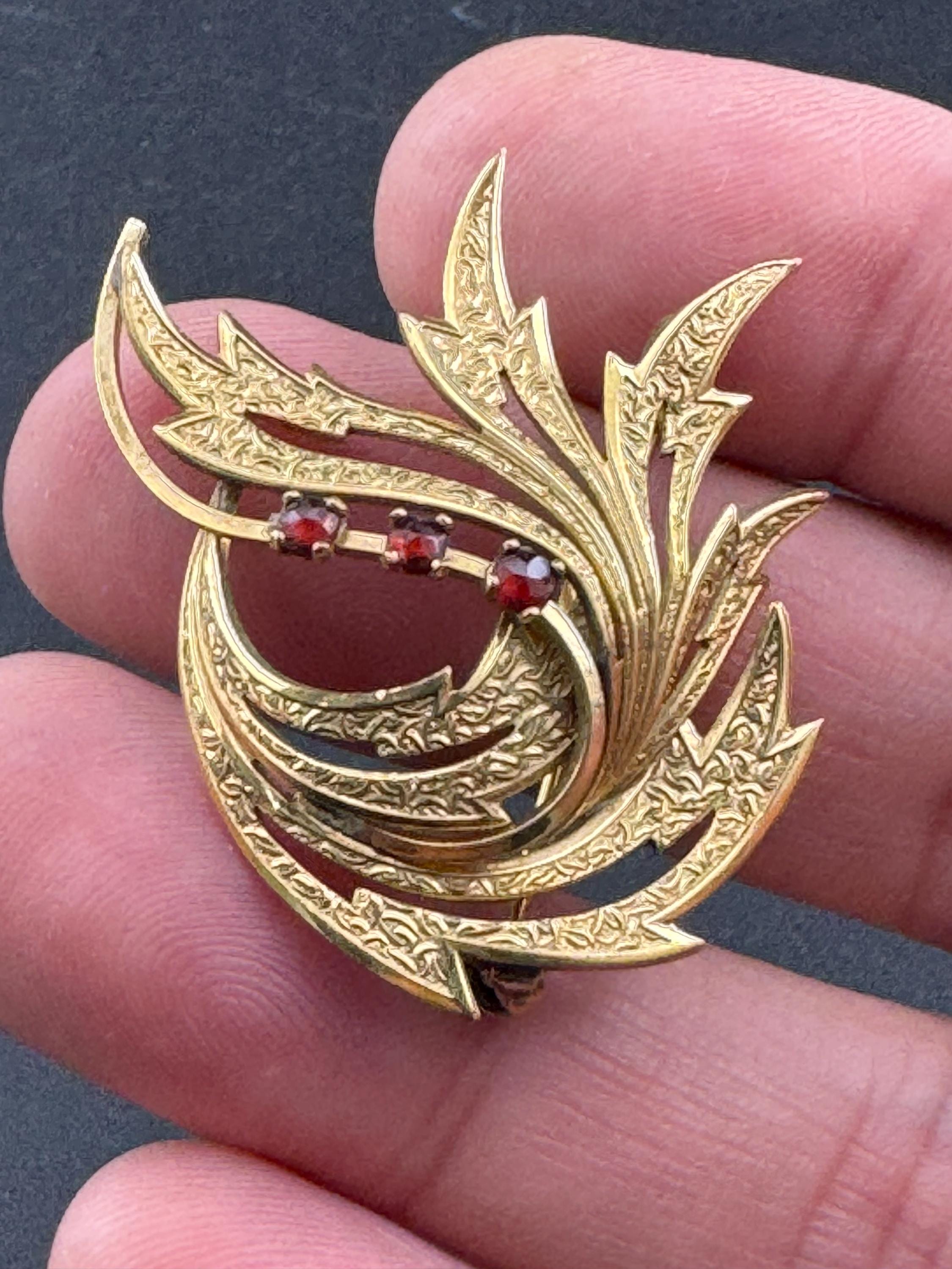 Signed A and D Rolled Gold textured abstract brooch with 3 garnet gemstones 1950s