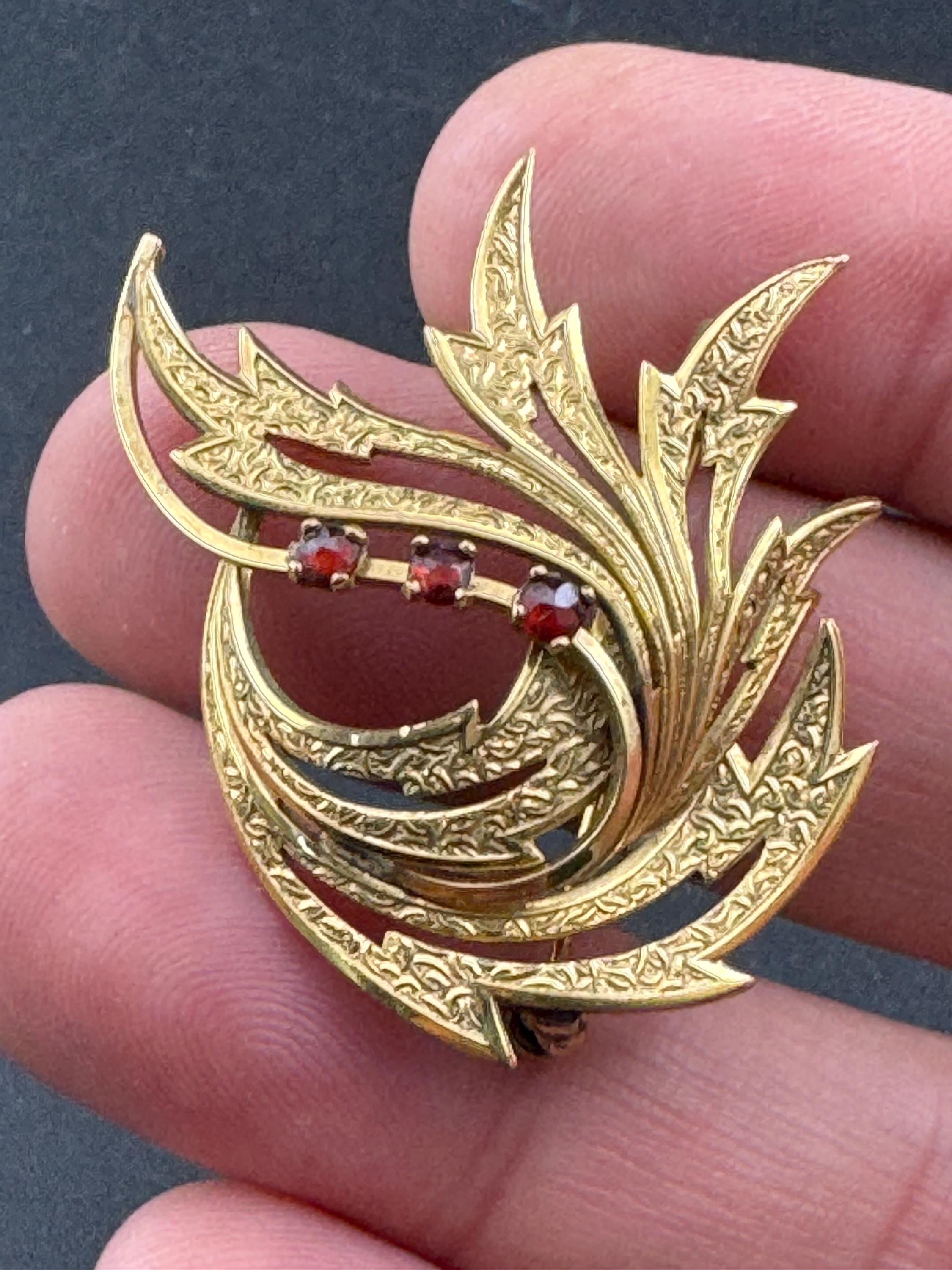 Signed A and D Rolled Gold textured abstract brooch with 3 garnet gemstones 1950s