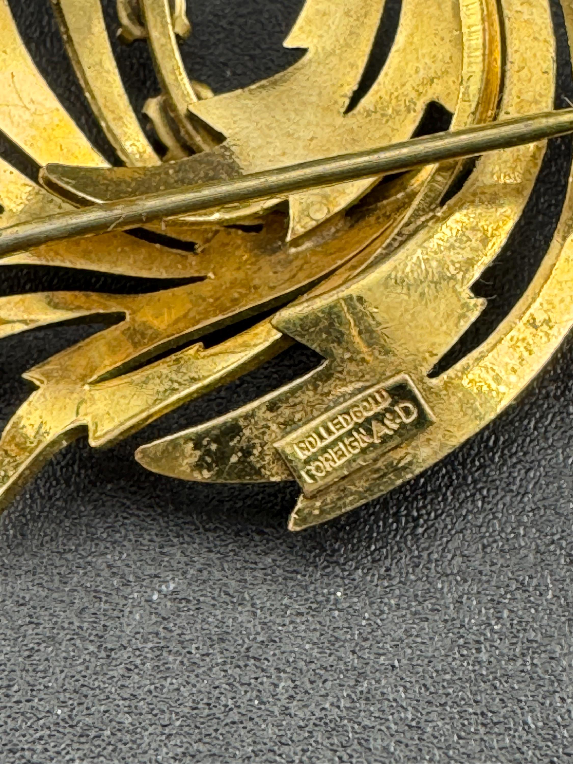 Signed A and D Rolled Gold textured abstract brooch with 3 garnet gemstones 1950s