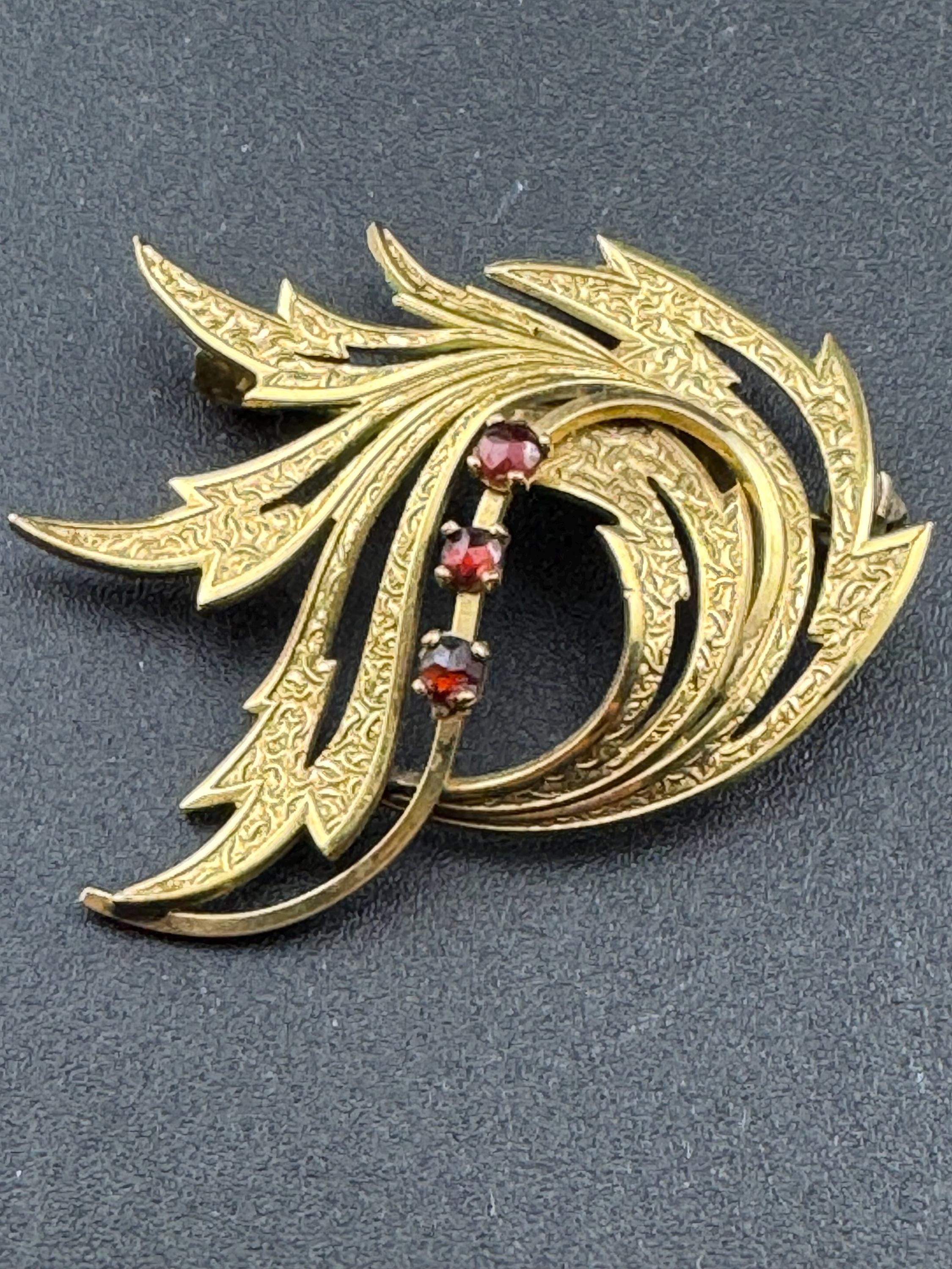 Signed A and D Rolled Gold textured abstract brooch with 3 garnet gemstones 1950s