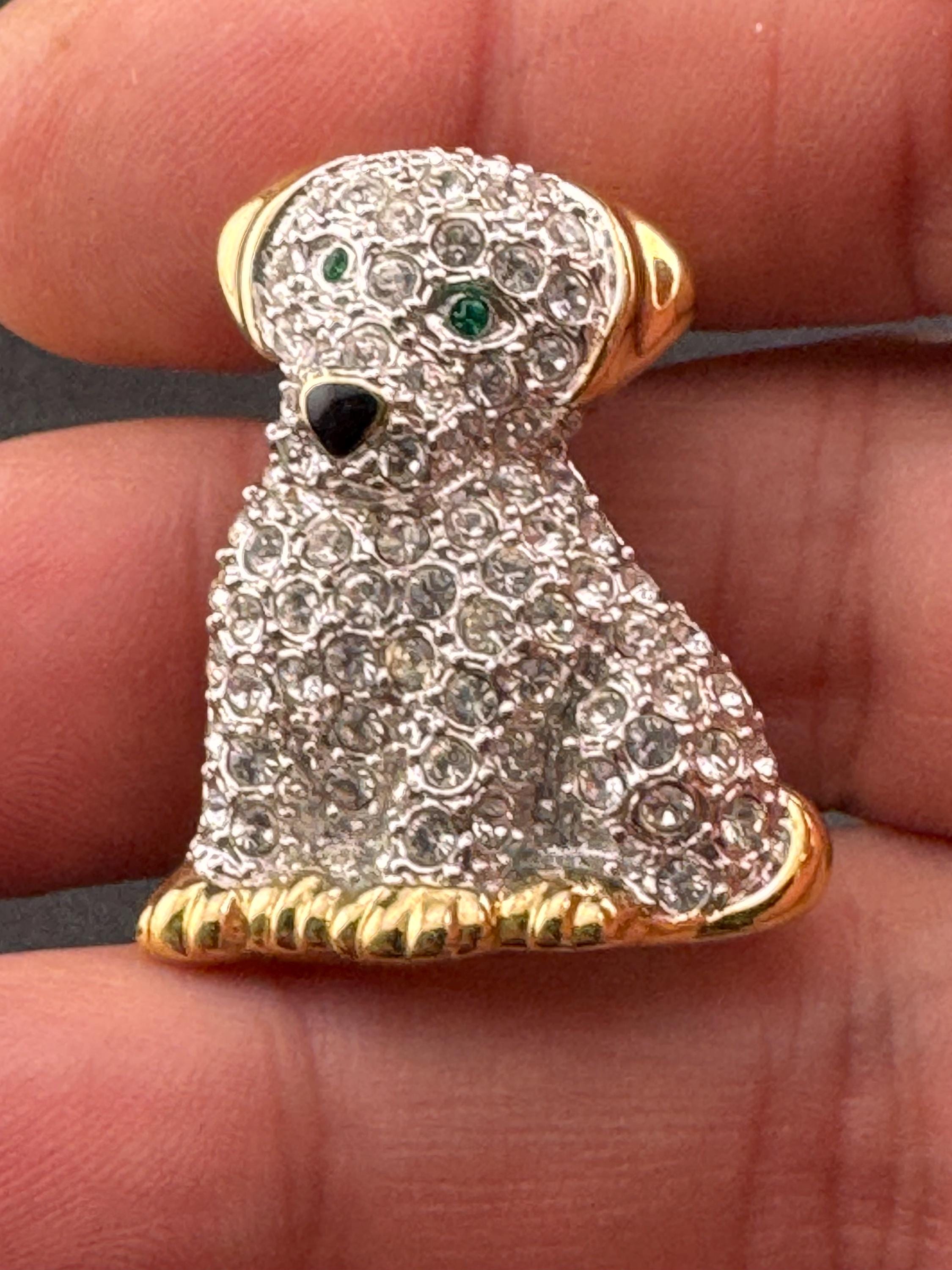 BJ signed clear rhinestone puppy dog brooch gold tone 1970s 1980s