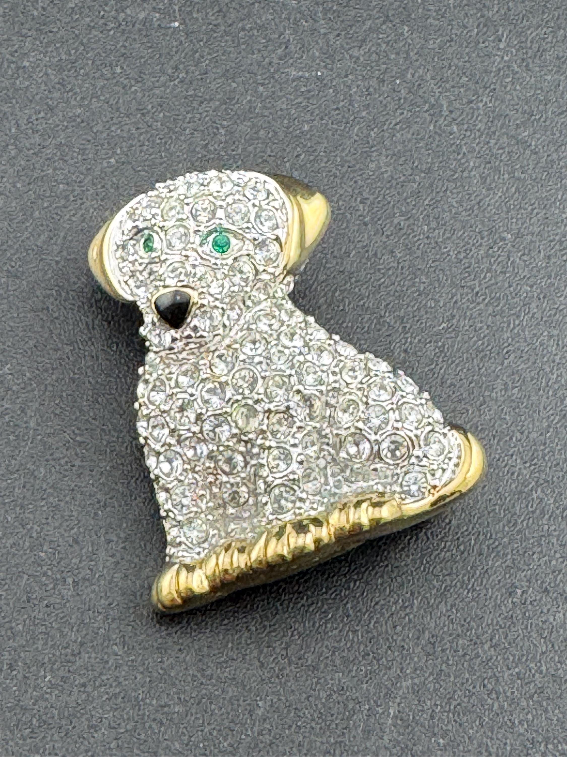 BJ signed clear rhinestone puppy dog brooch gold tone 1970s 1980s