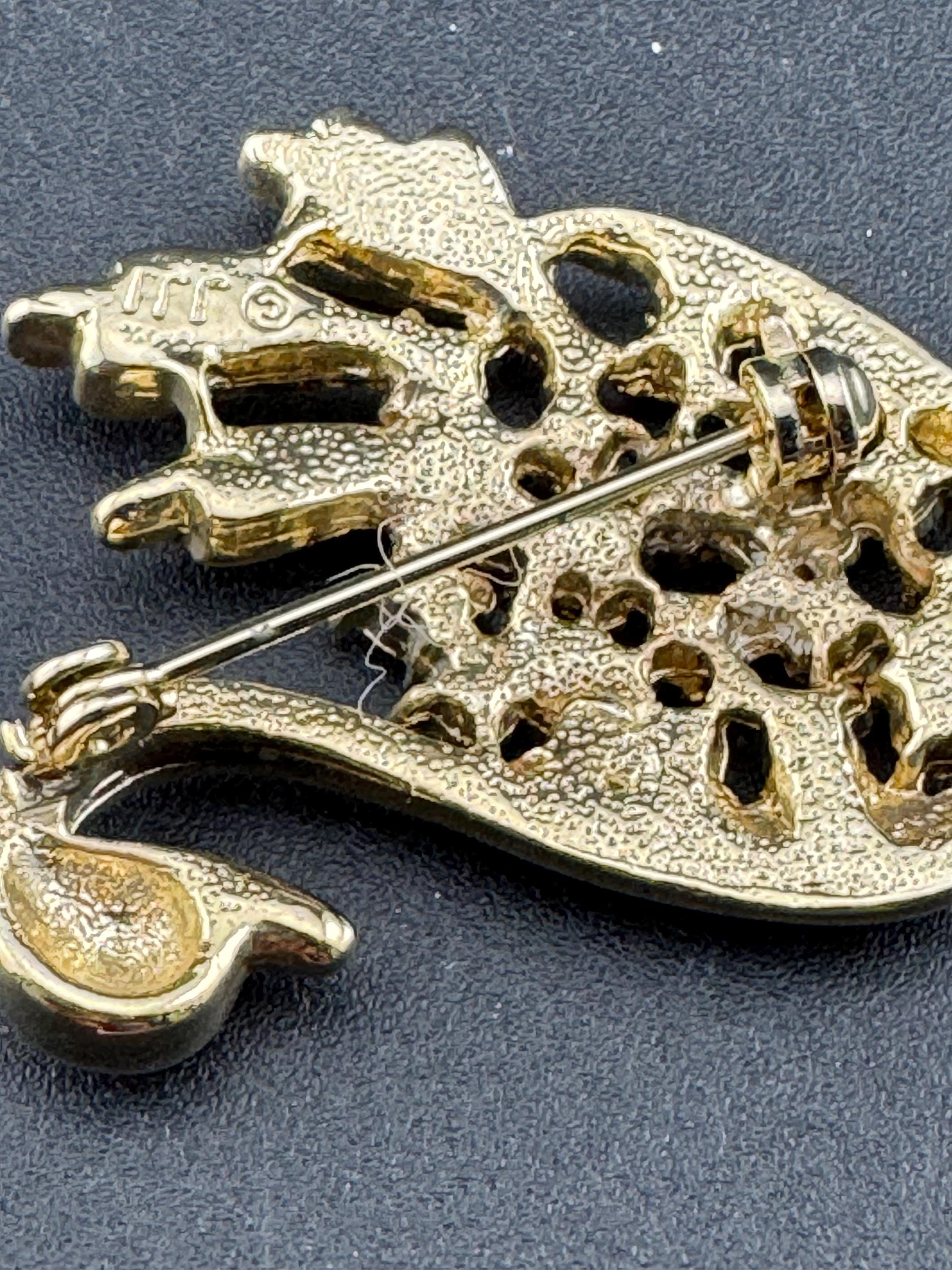 Signed JJI minimalist stylised Aurora borealis AB diamanté swan brooch gold tone