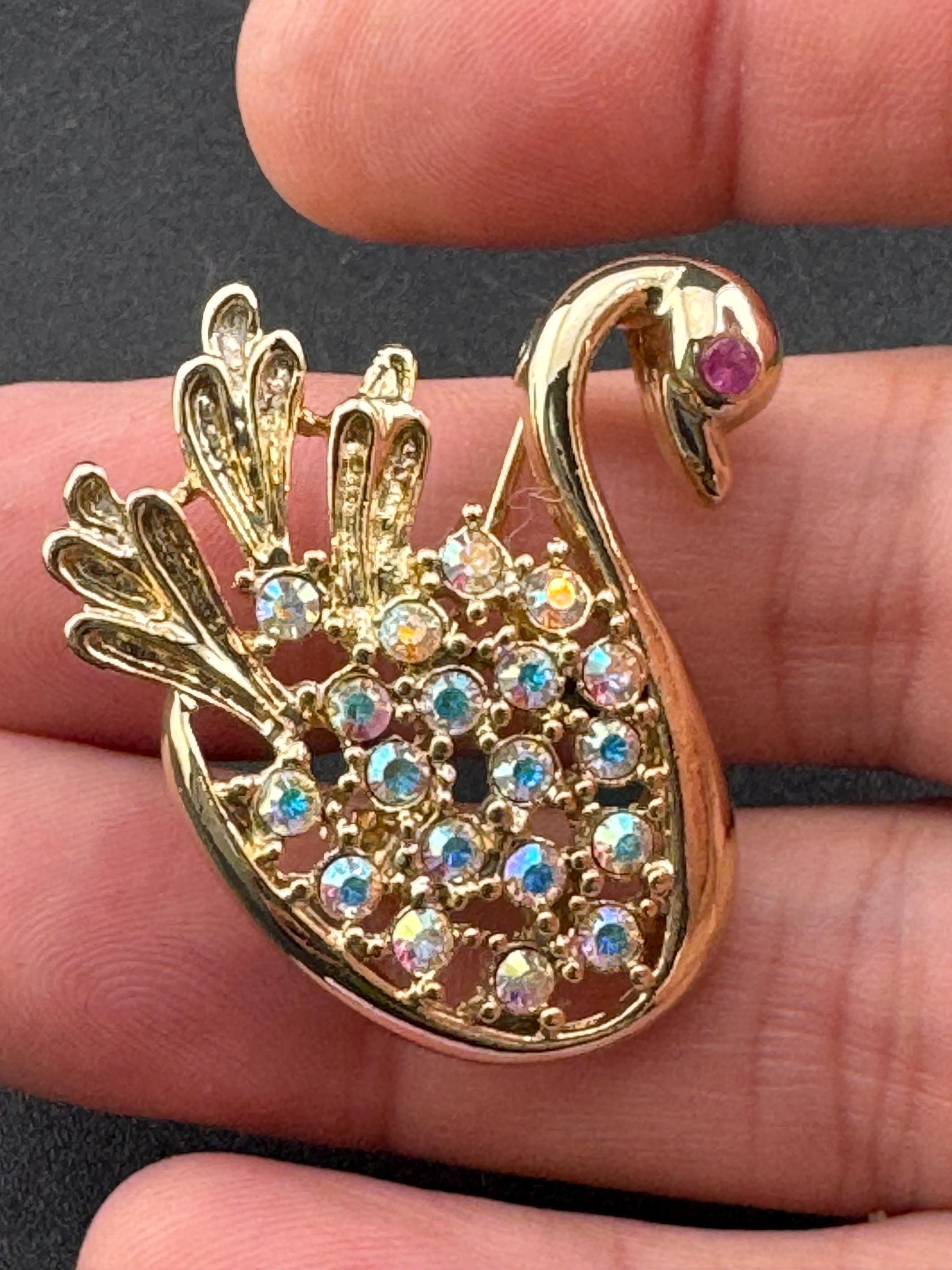 Signed JJI minimalist stylised Aurora borealis AB diamanté swan brooch gold tone