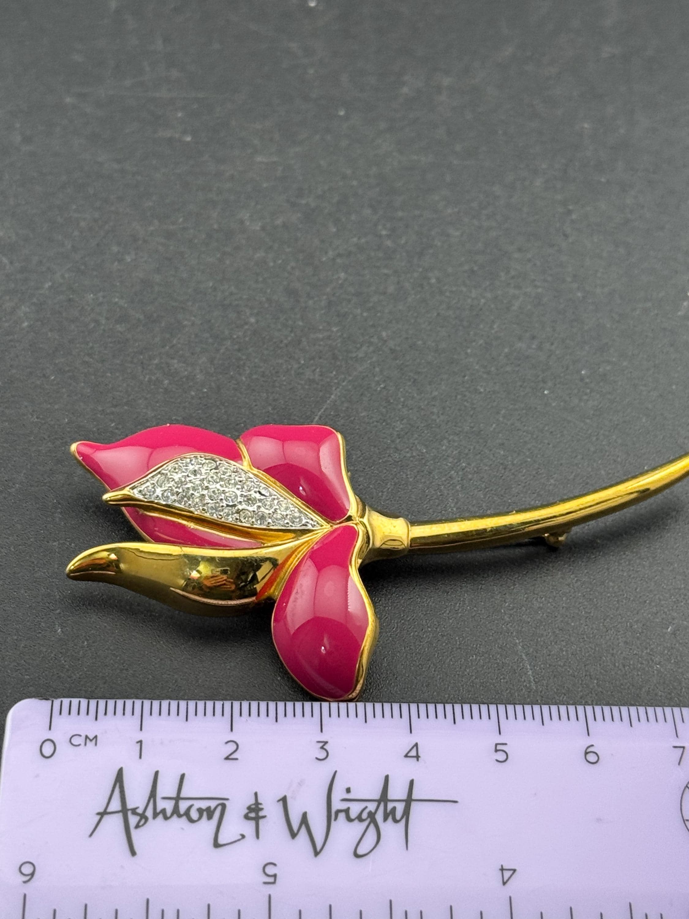 Vintage Signed Floral Brooch: Pink Enamel Diamanté, Gold Plated
