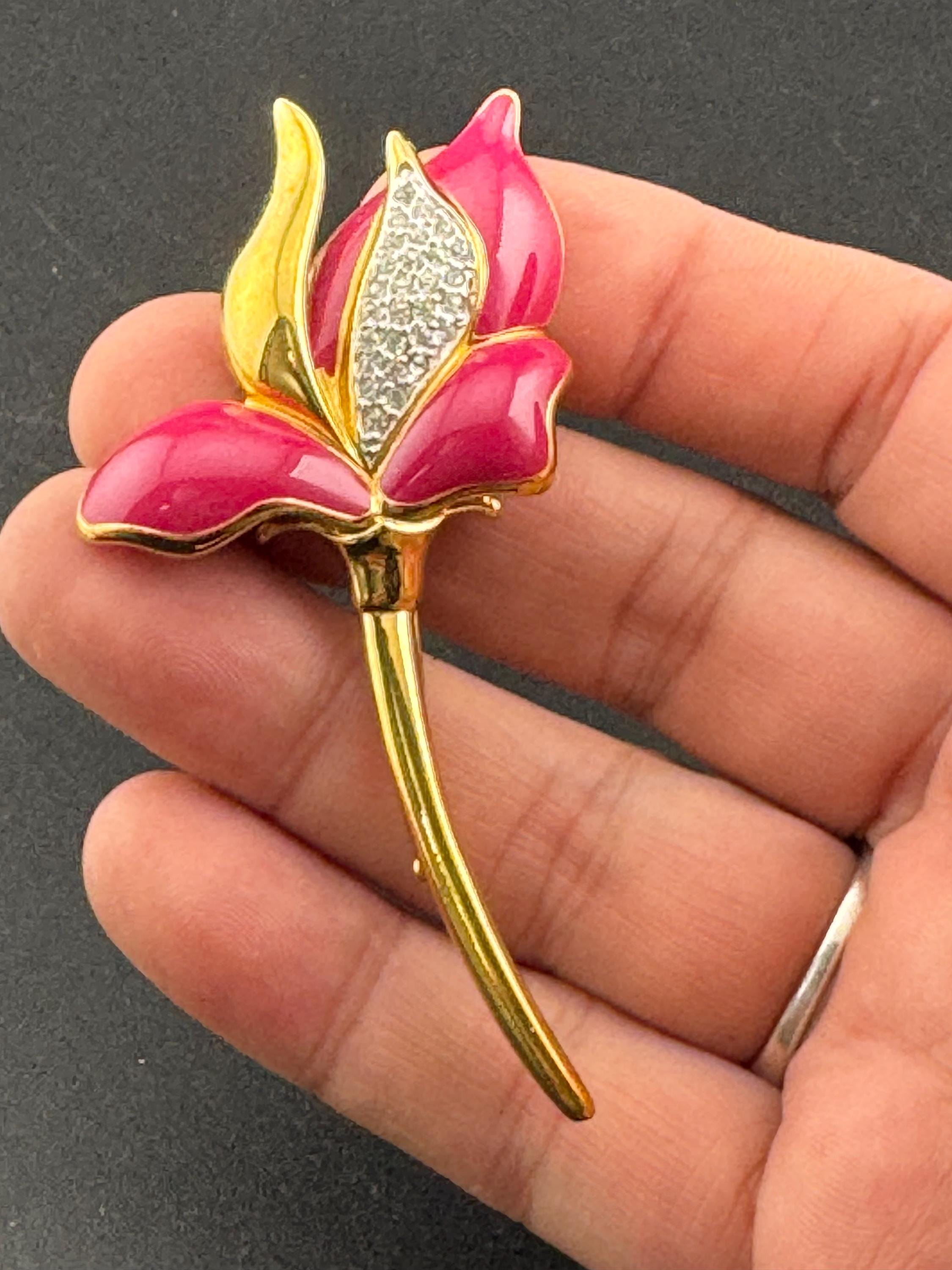 Vintage Signed Floral Brooch: Pink Enamel Diamanté, Gold Plated