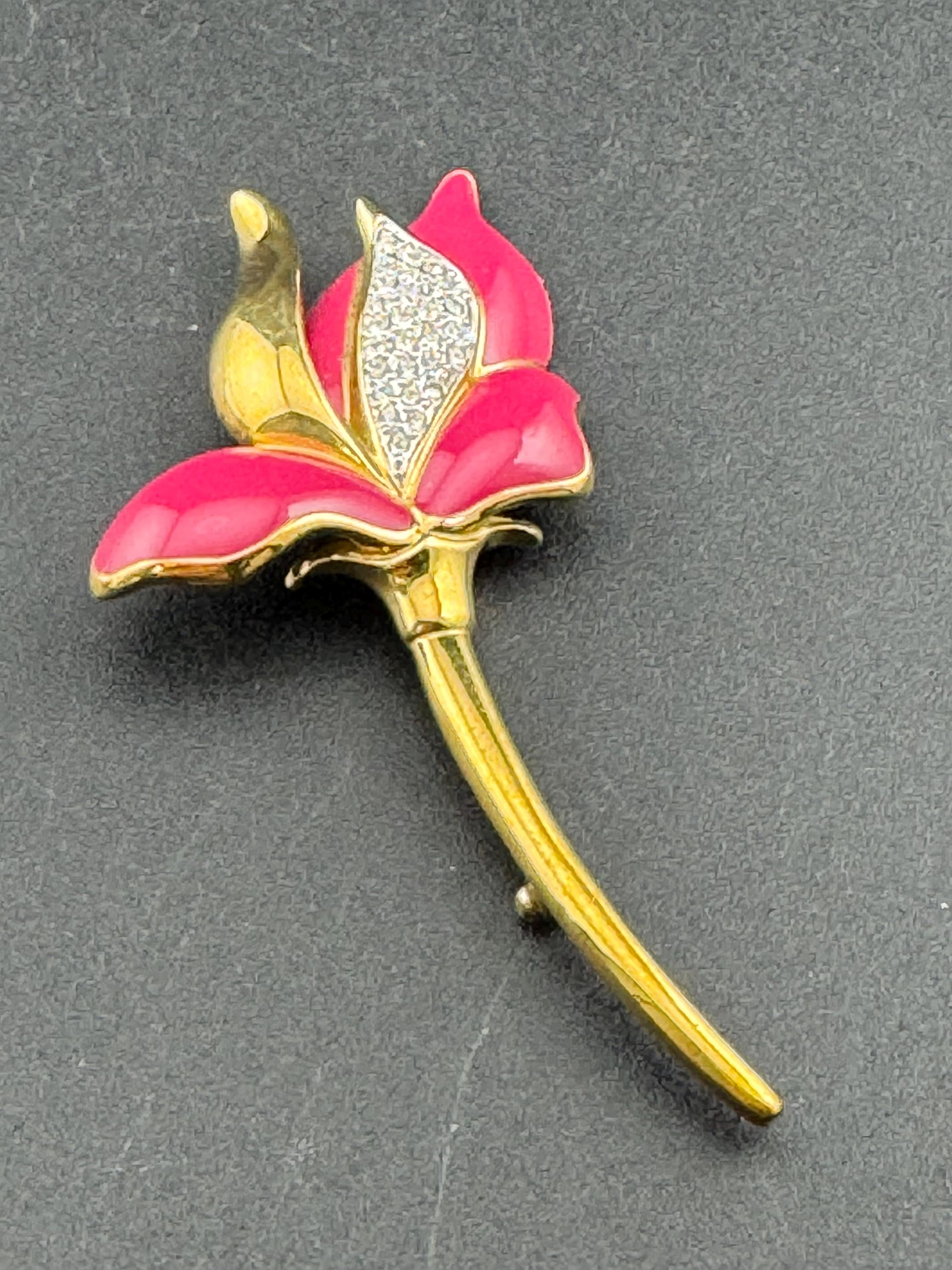 Vintage Signed Floral Brooch: Pink Enamel Diamanté, Gold Plated