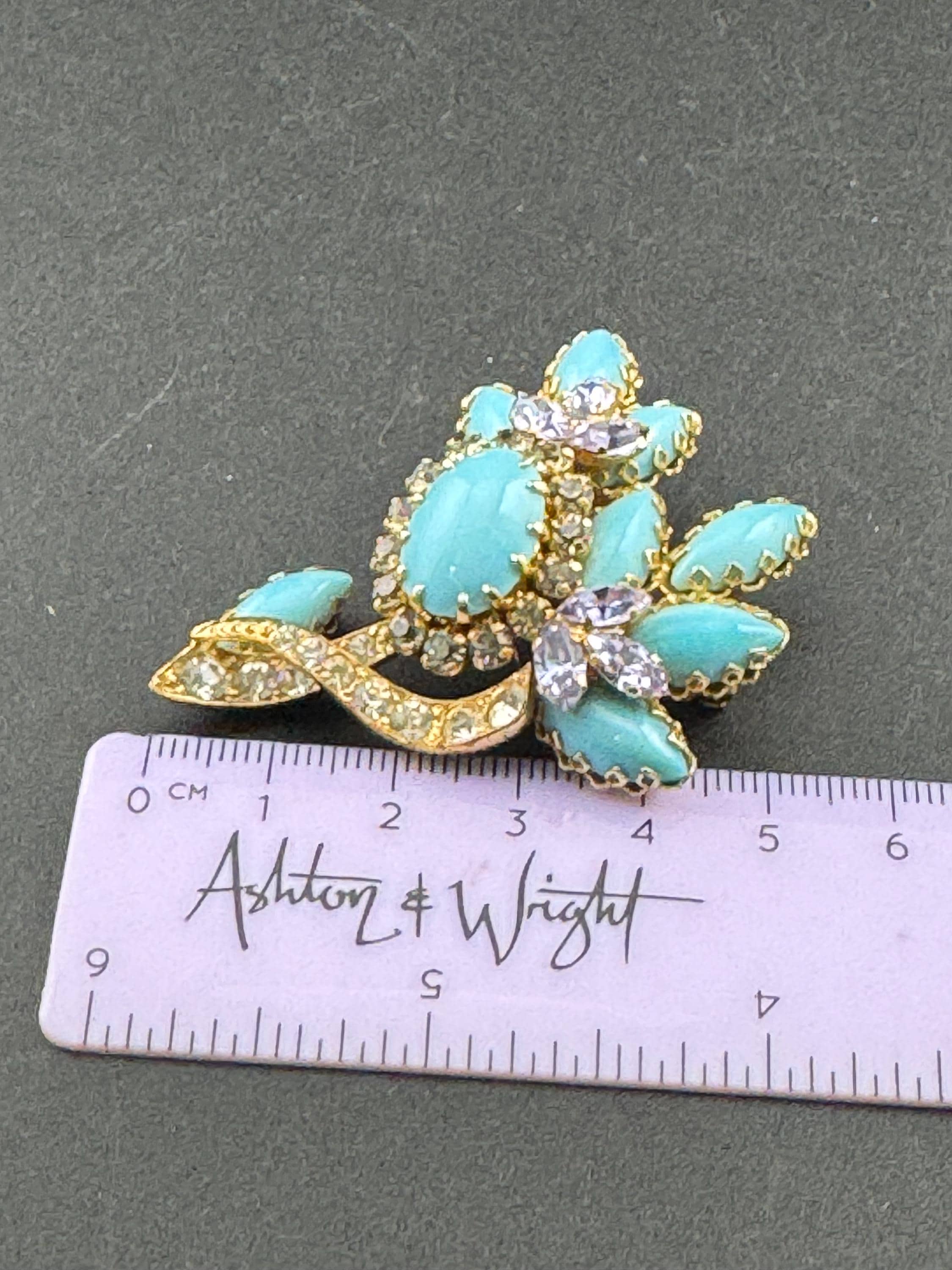 gold tone turquoise cabochon and amethyst rhinestone large floral  statement brooch 1960s