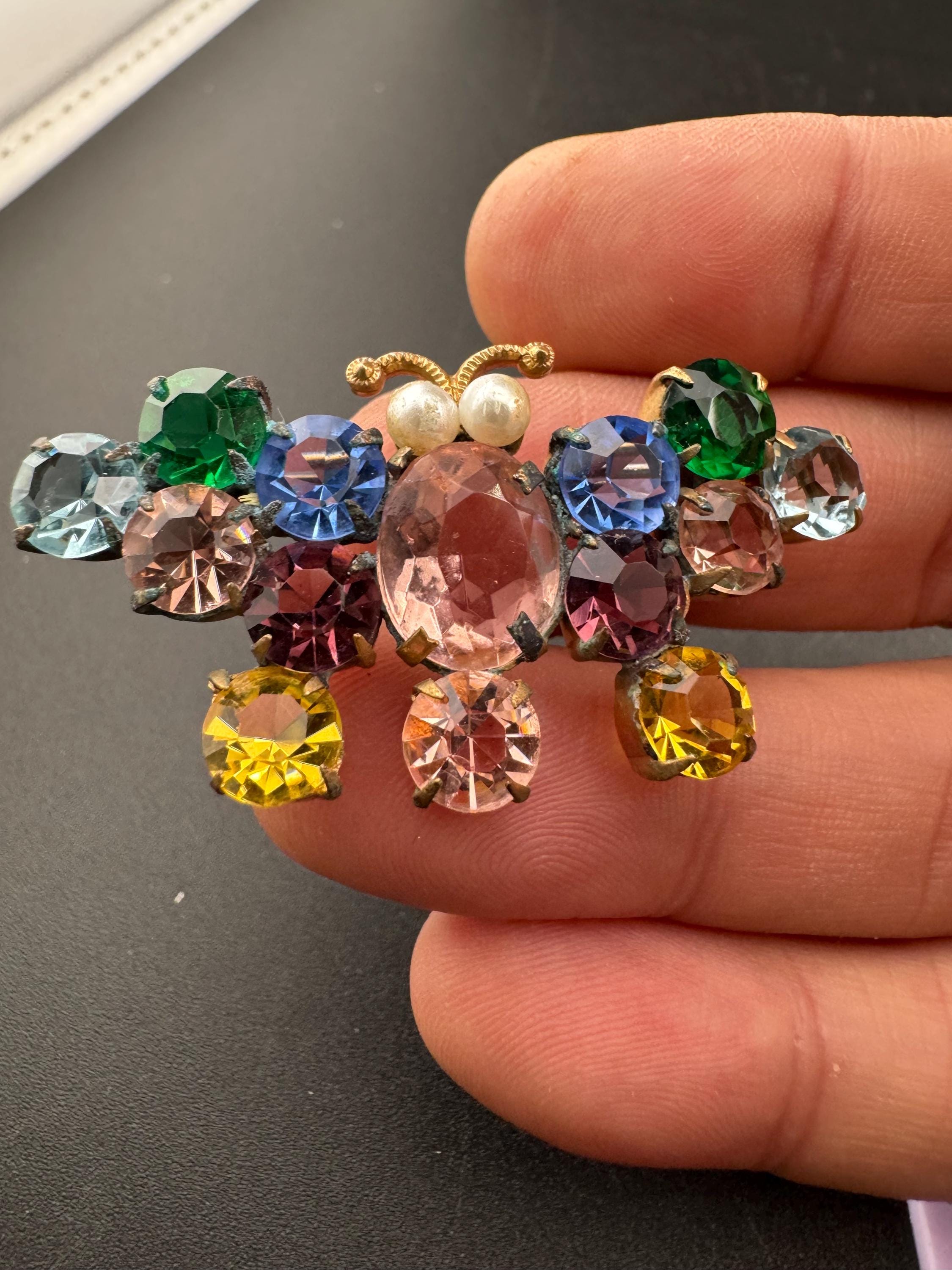 Antique Edwardian gold tone rainbow diamanté crystal butterfly brooch with faux pearls