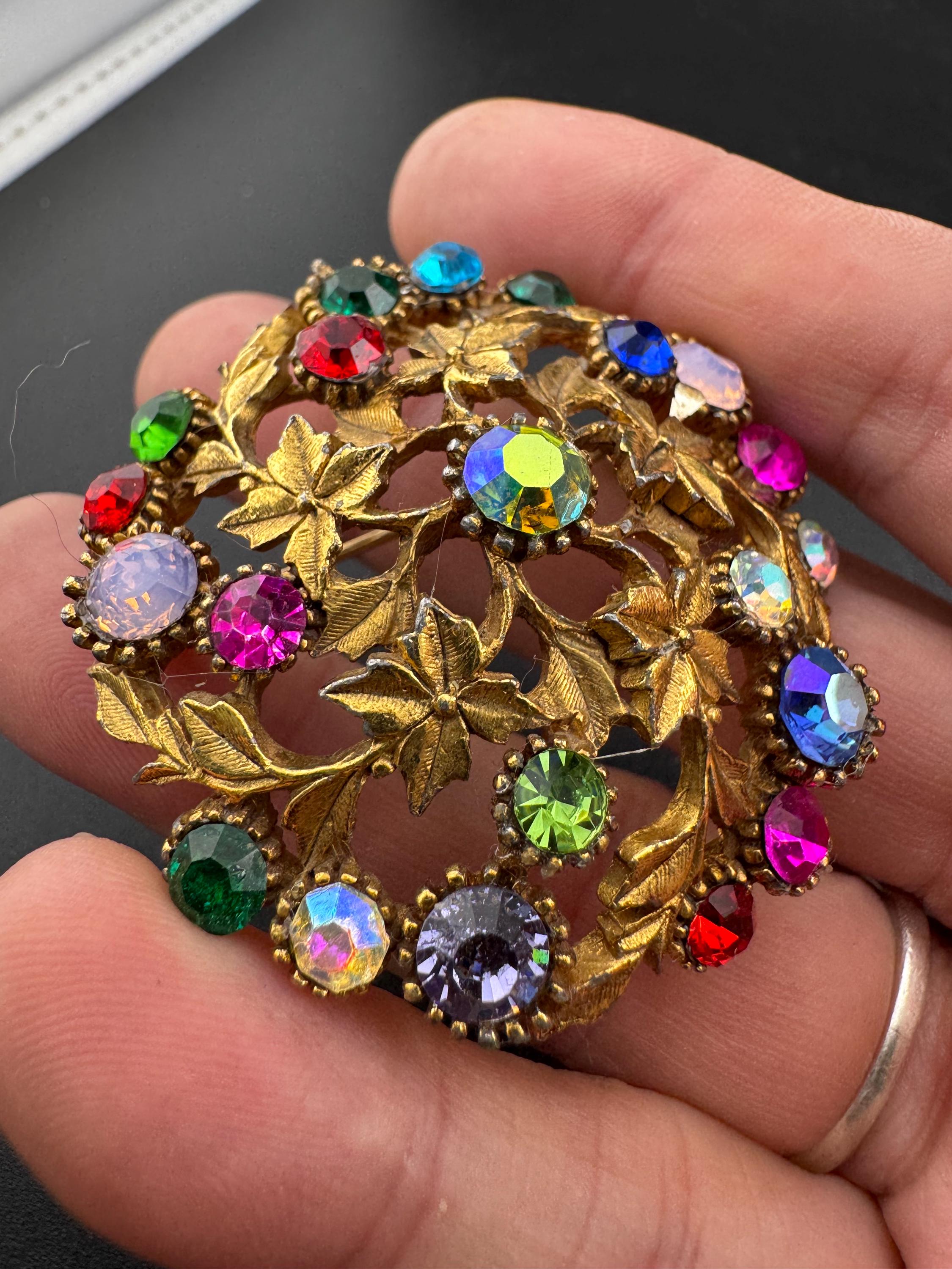 Vintage large 5cm domed Rainbow Rhinestone diamante Brooch set with vine leaves