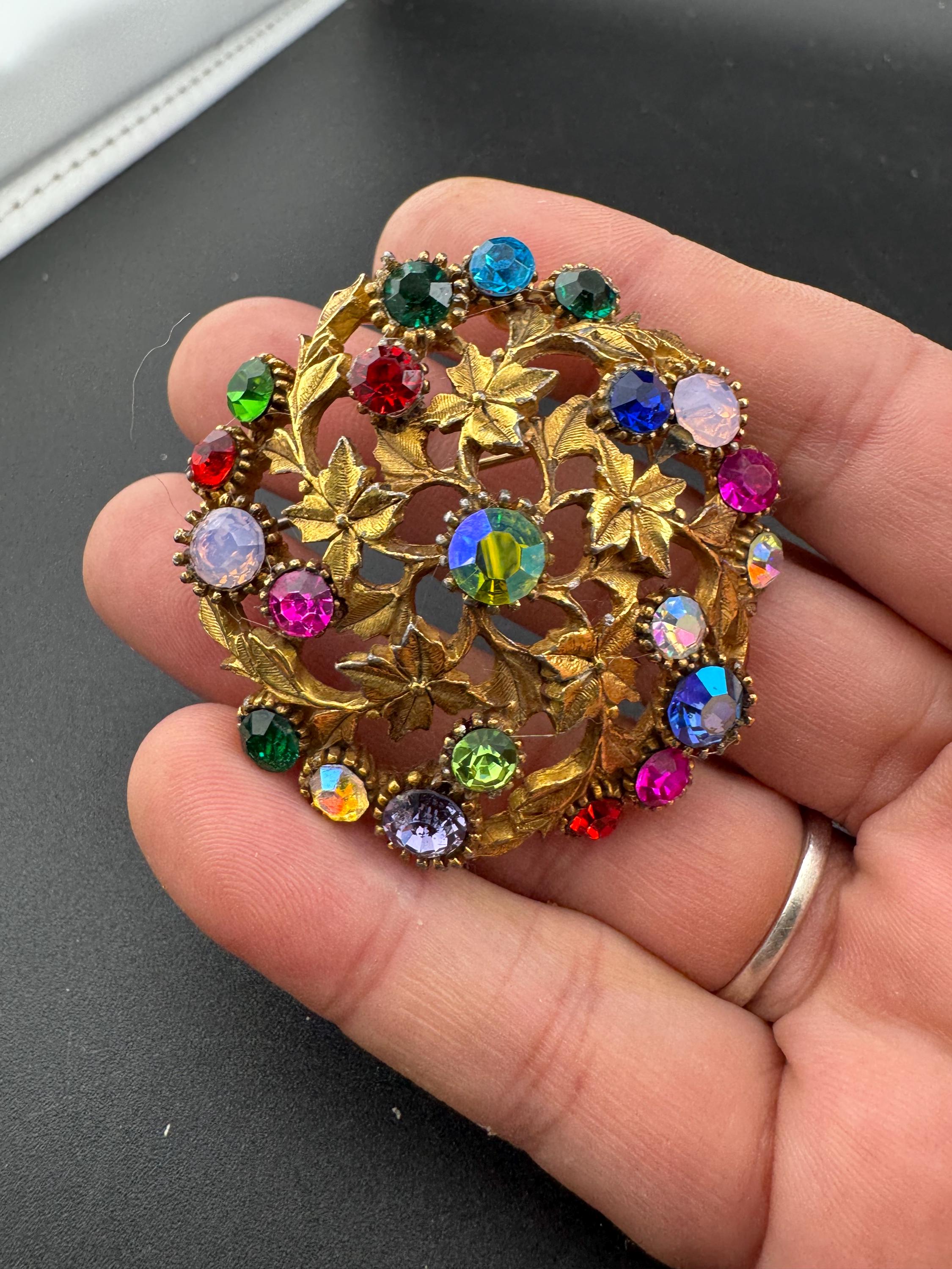 Vintage large 5cm domed Rainbow Rhinestone diamante Brooch set with vine leaves