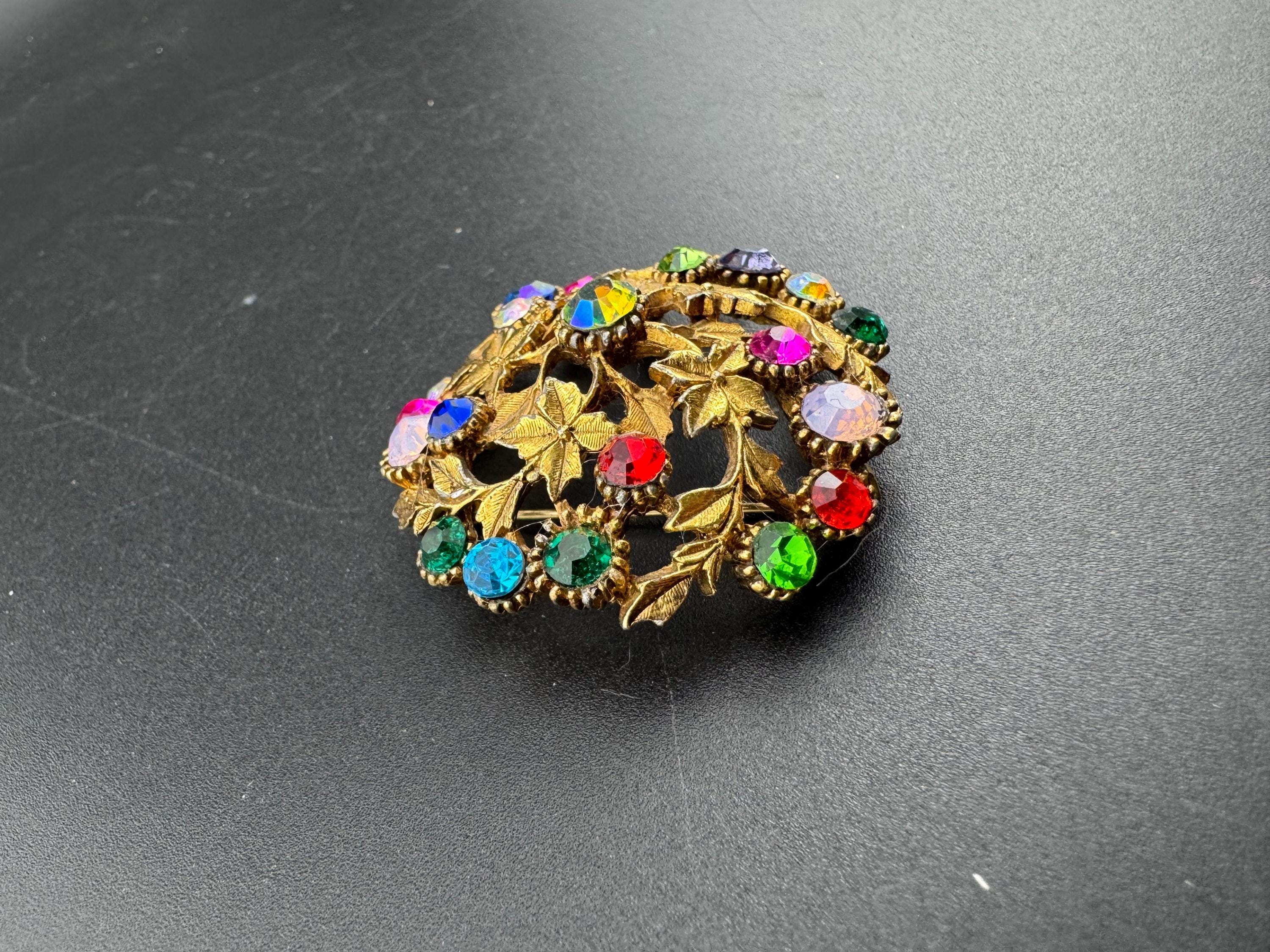 Vintage large 5cm domed Rainbow Rhinestone diamante Brooch set with vine leaves