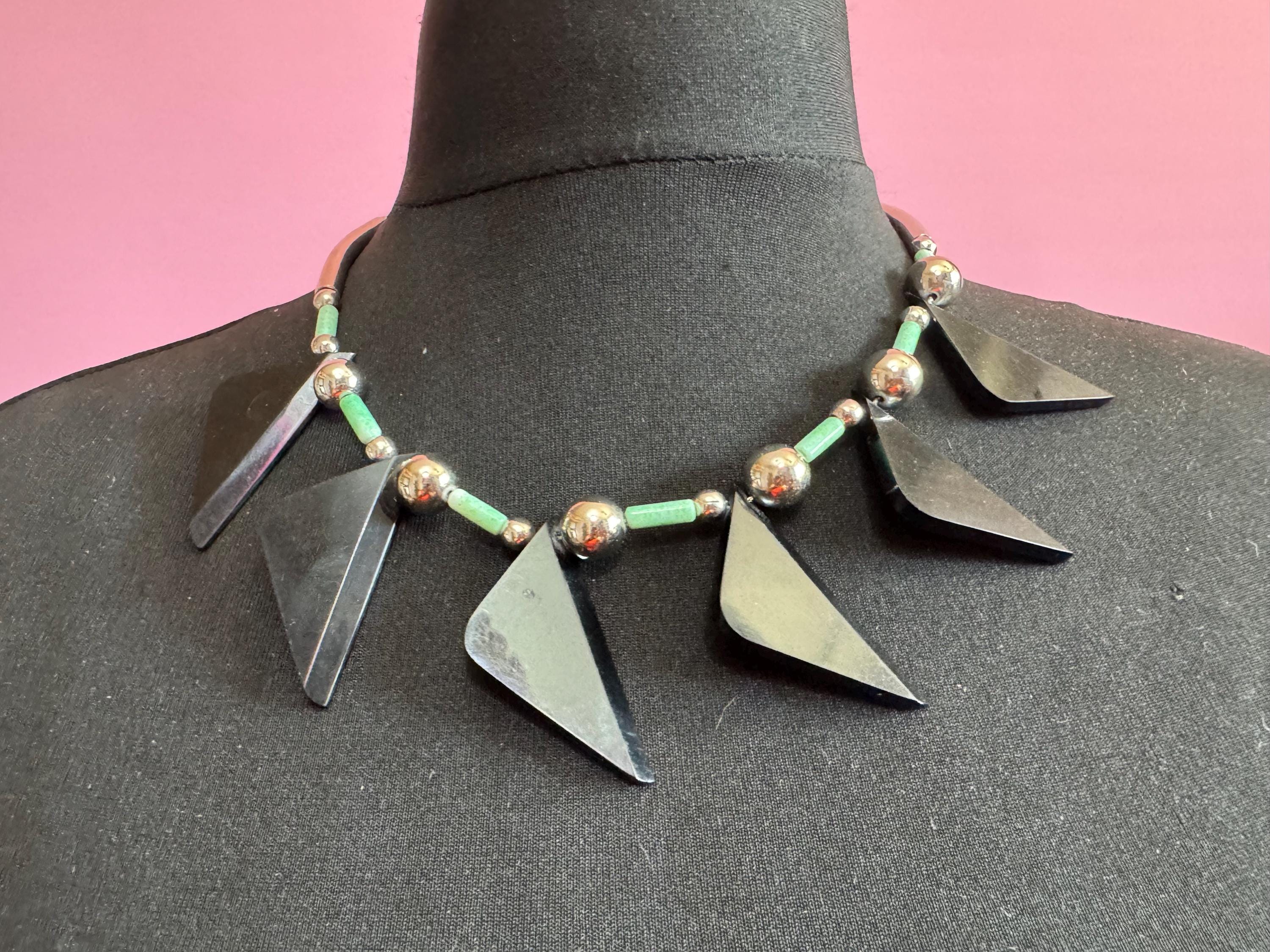 Art deco Jakob Bengel modernist Chrome silver tone metal 1920s black and Green galalith plastic triangular beaded geometric bead necklace