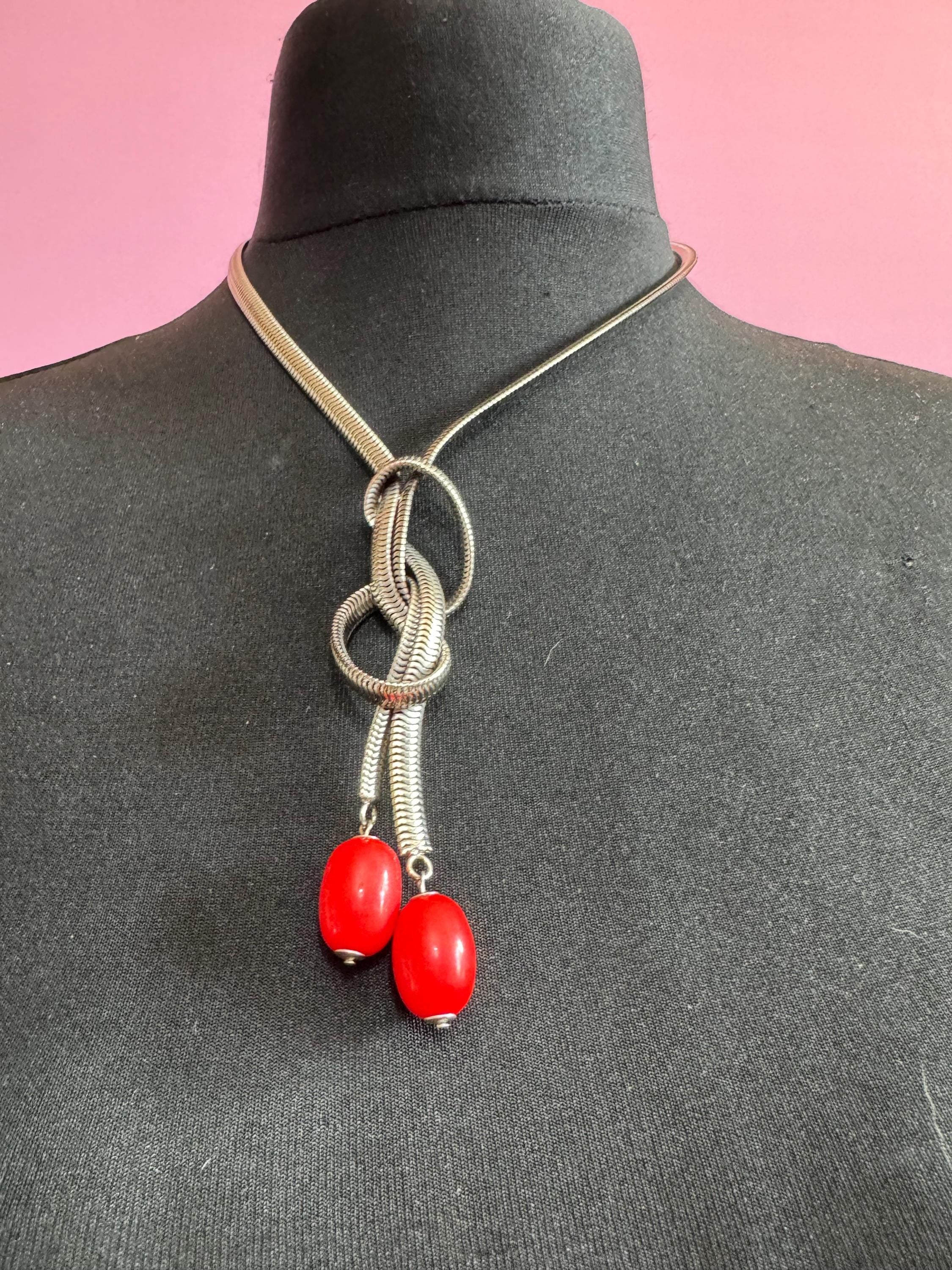 Art deco Jakob Bengel modernist Chrome silver tone metal 1920s bright red galalith oval beaded snake chain necklace 47cm