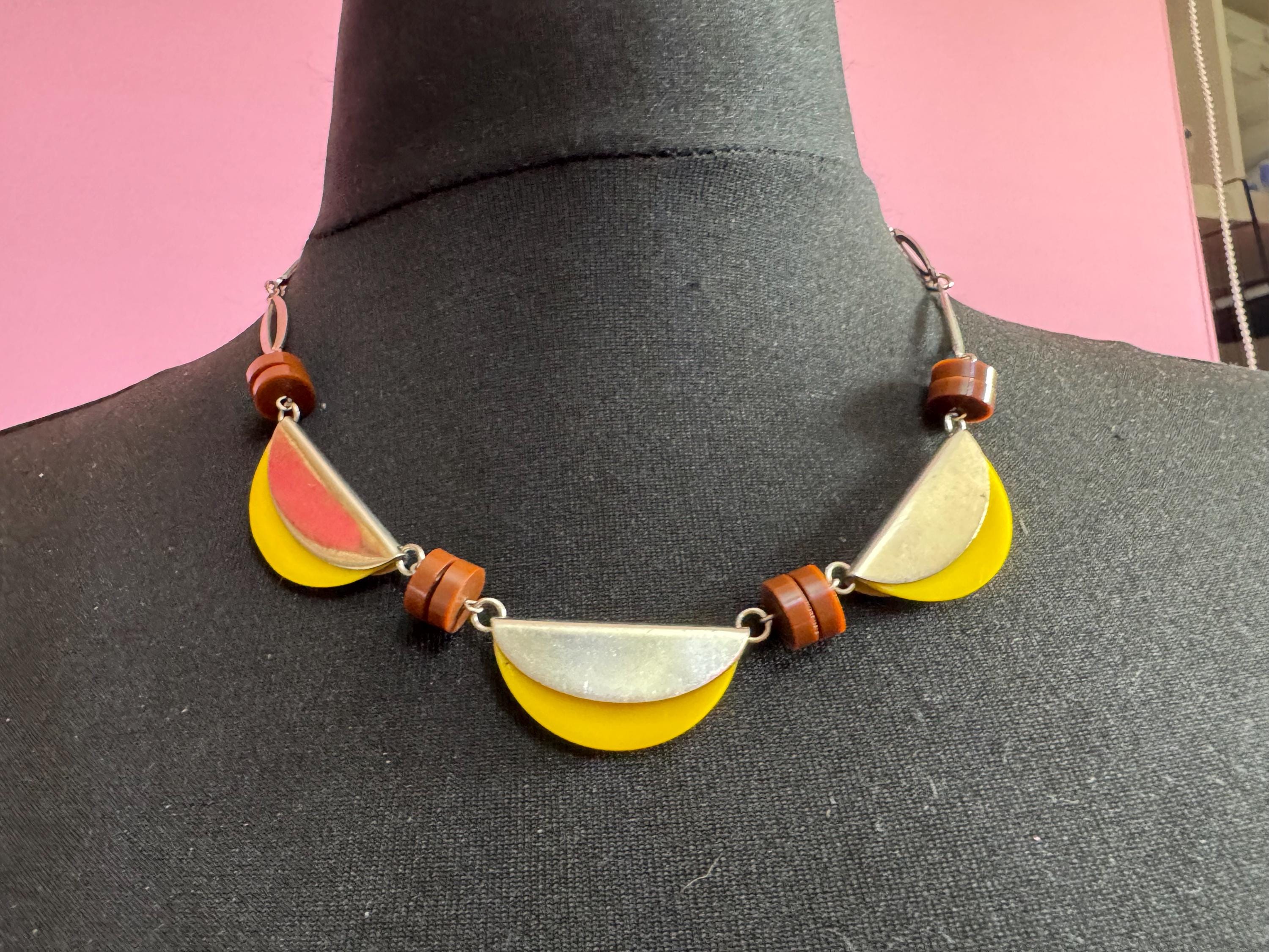 Art deco Jakob Bengel modernist Chrome silver tone metal 1920s brown and yellow galalith plastic semicircle beaded geometric bead necklace