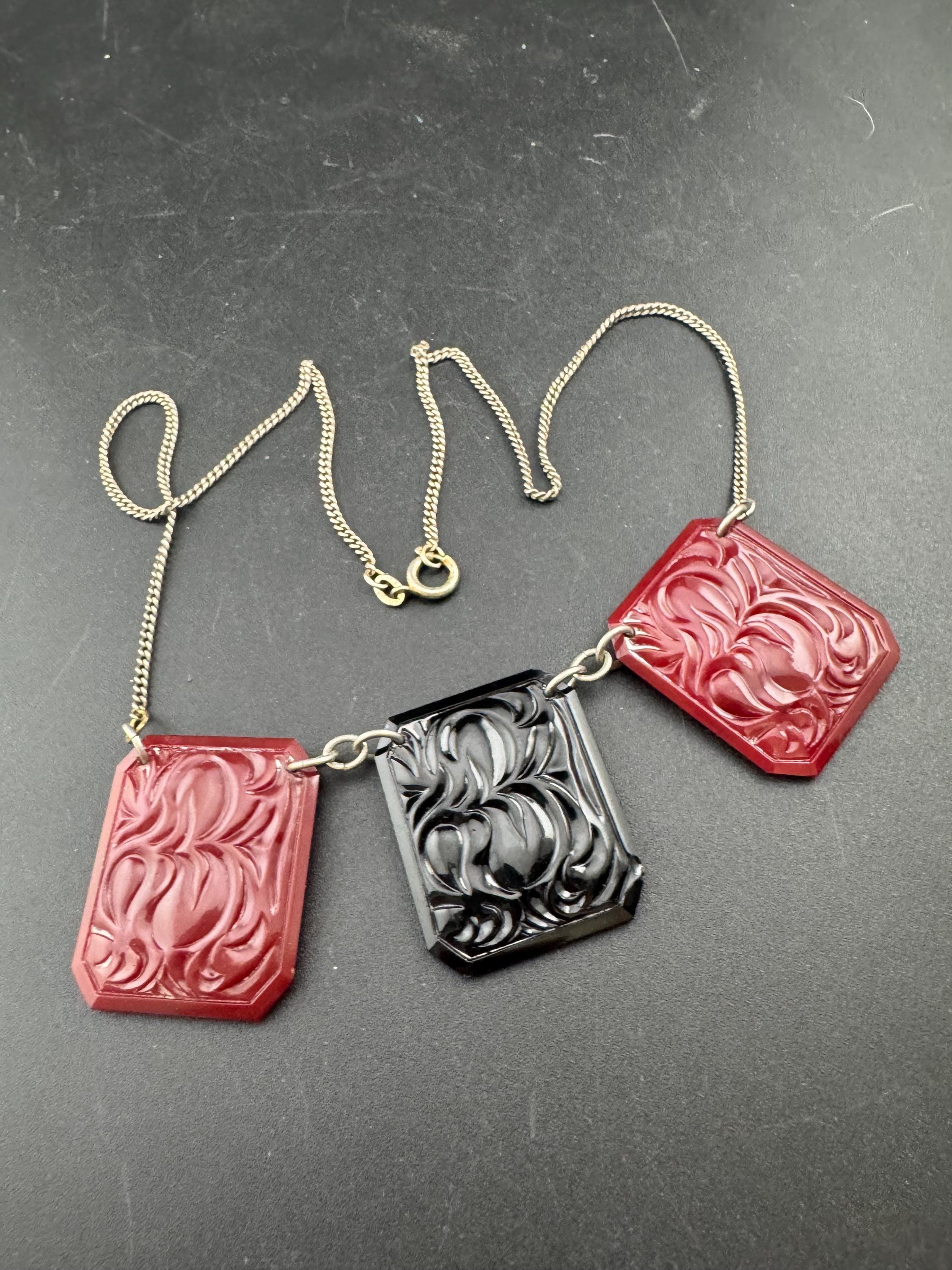 Art Deco Jakob Bengel Necklace: Red & Black Pressed Glass, 1920s Modernist