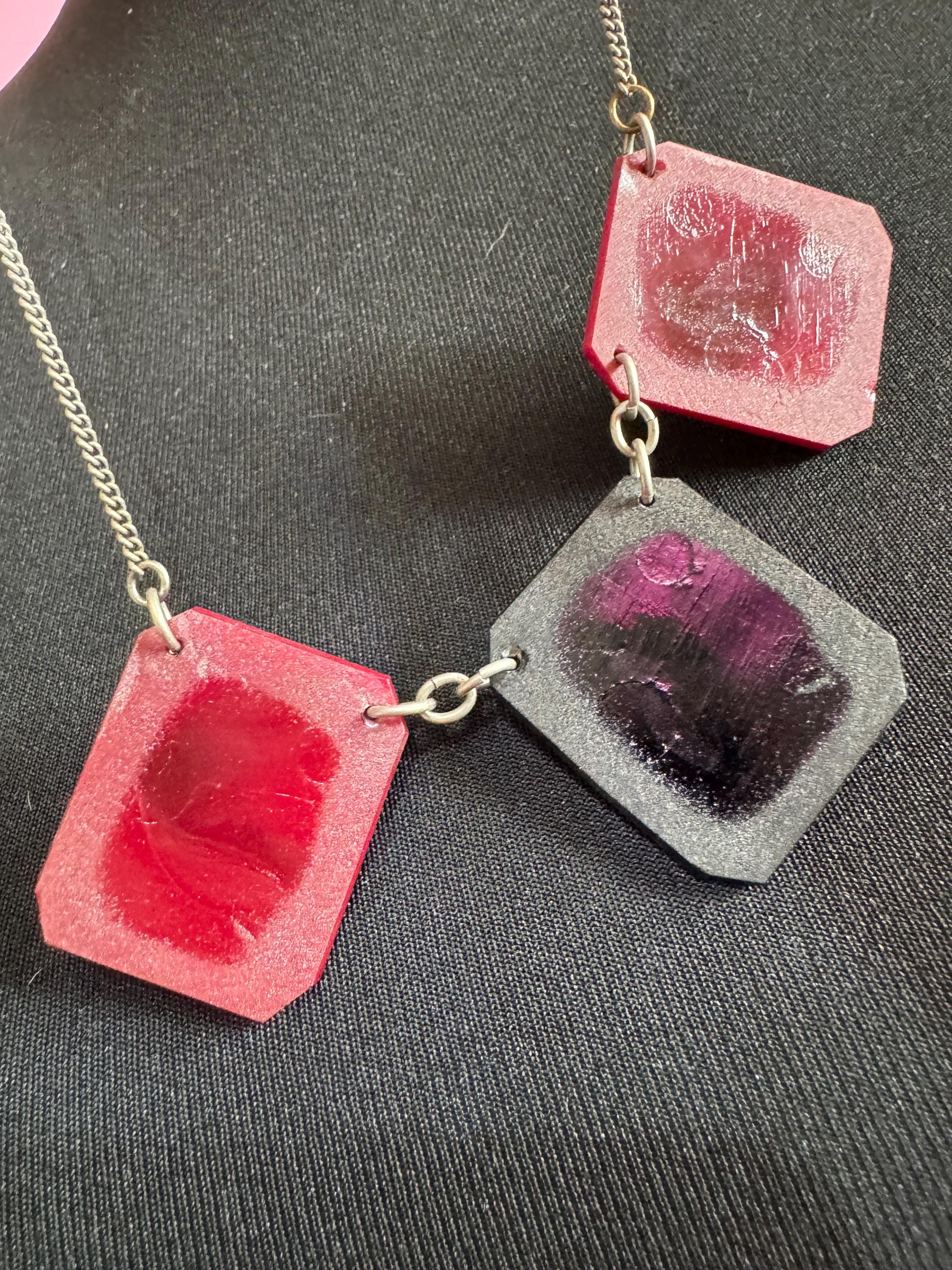 Art Deco Jakob Bengel Necklace: Red & Black Pressed Glass, 1920s Modernist