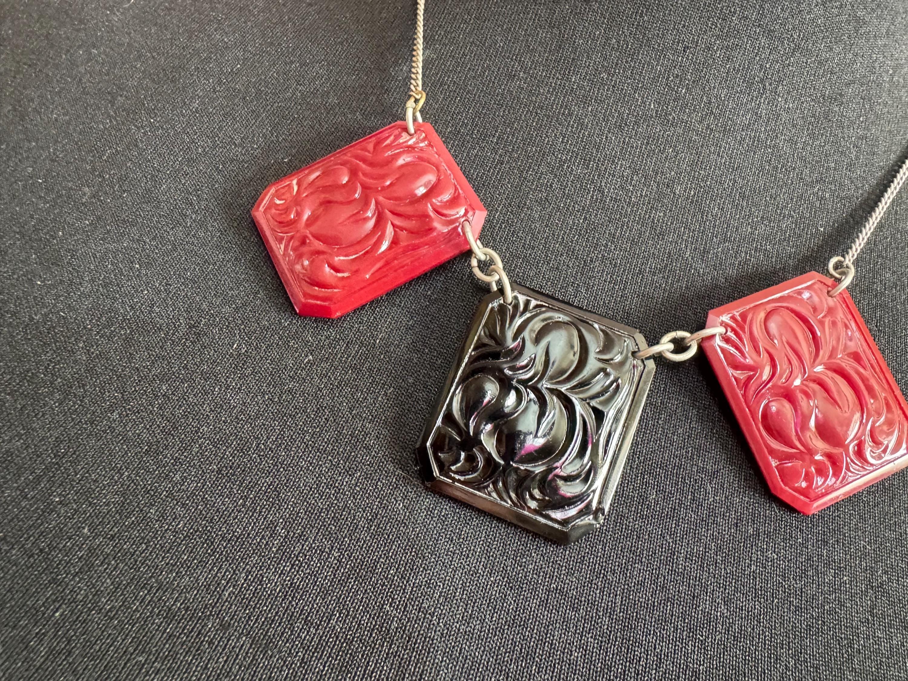 Art Deco Jakob Bengel Necklace: Red & Black Pressed Glass, 1920s Modernist
