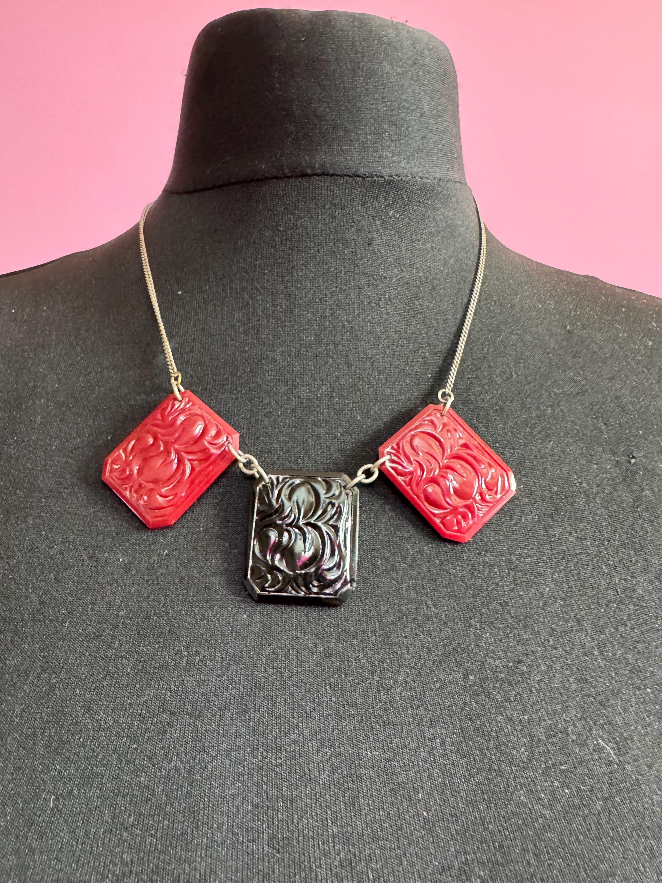 Art Deco Jakob Bengel Necklace: Red & Black Pressed Glass, 1920s Modernist