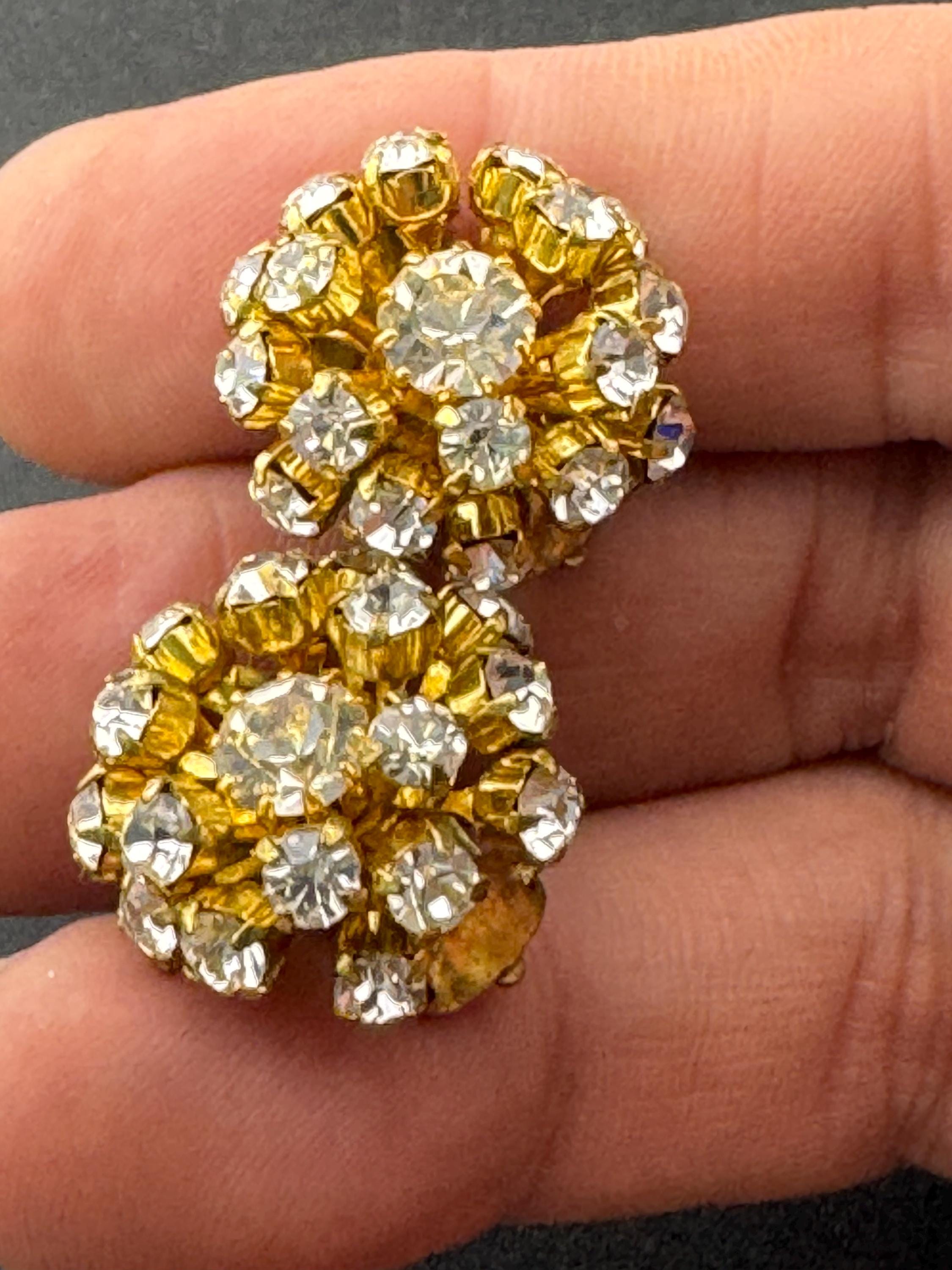Vintage Clear Diamanté paste gold tone round domed Sputnik Clip On Earrings