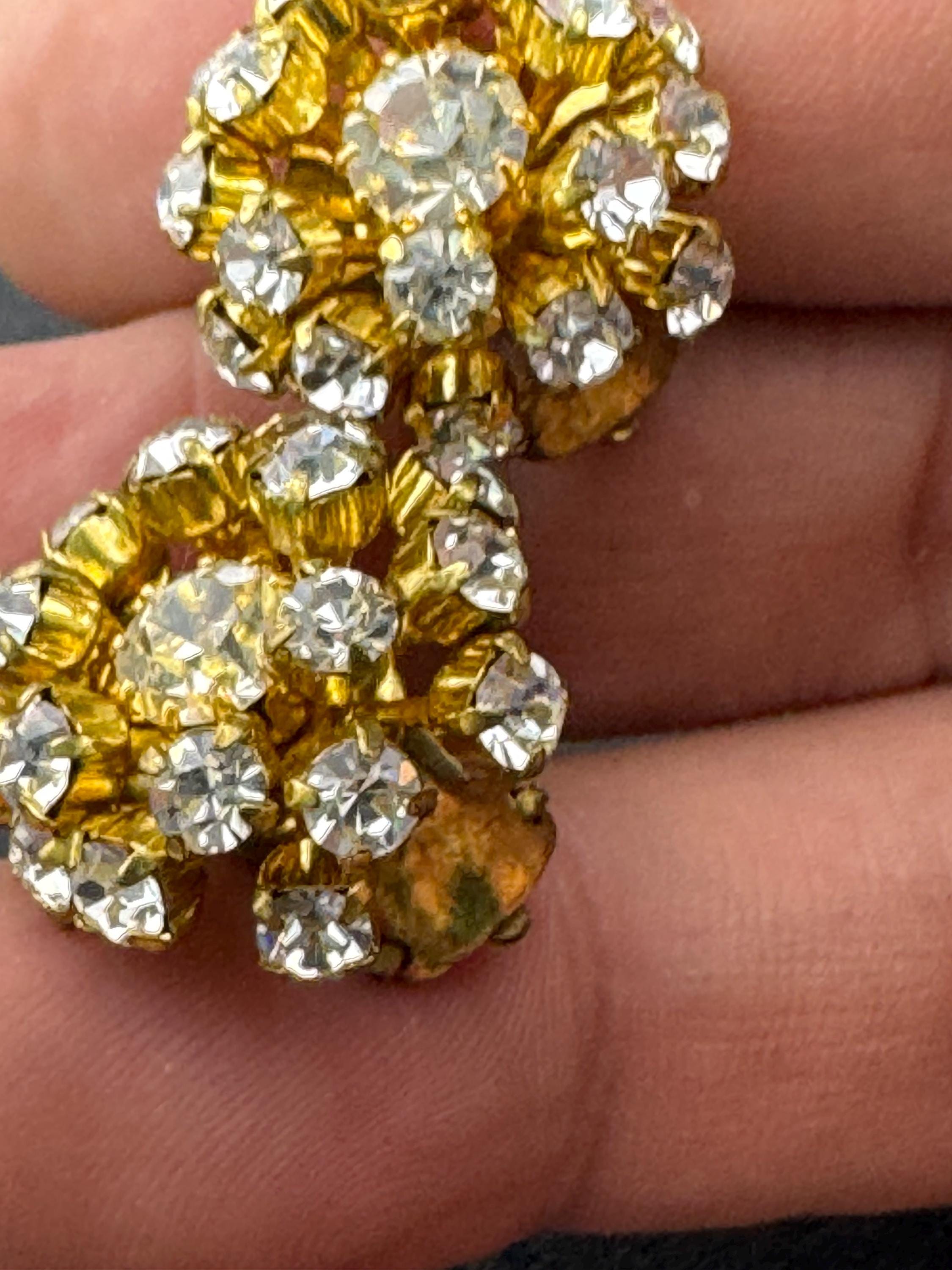 Vintage Clear Diamanté paste gold tone round domed Sputnik Clip On Earrings