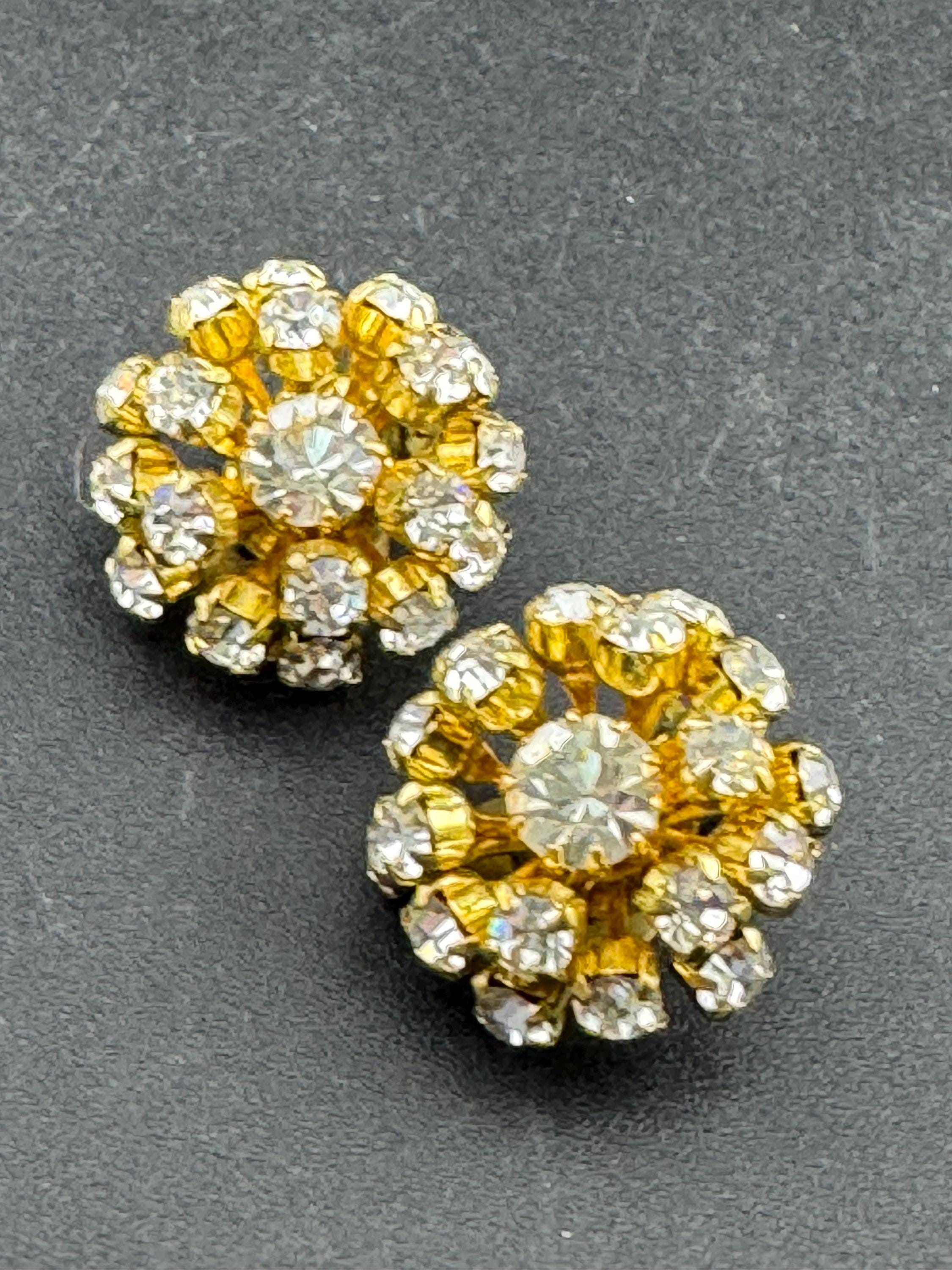 Vintage Clear Diamanté paste gold tone round domed Sputnik Clip On Earrings