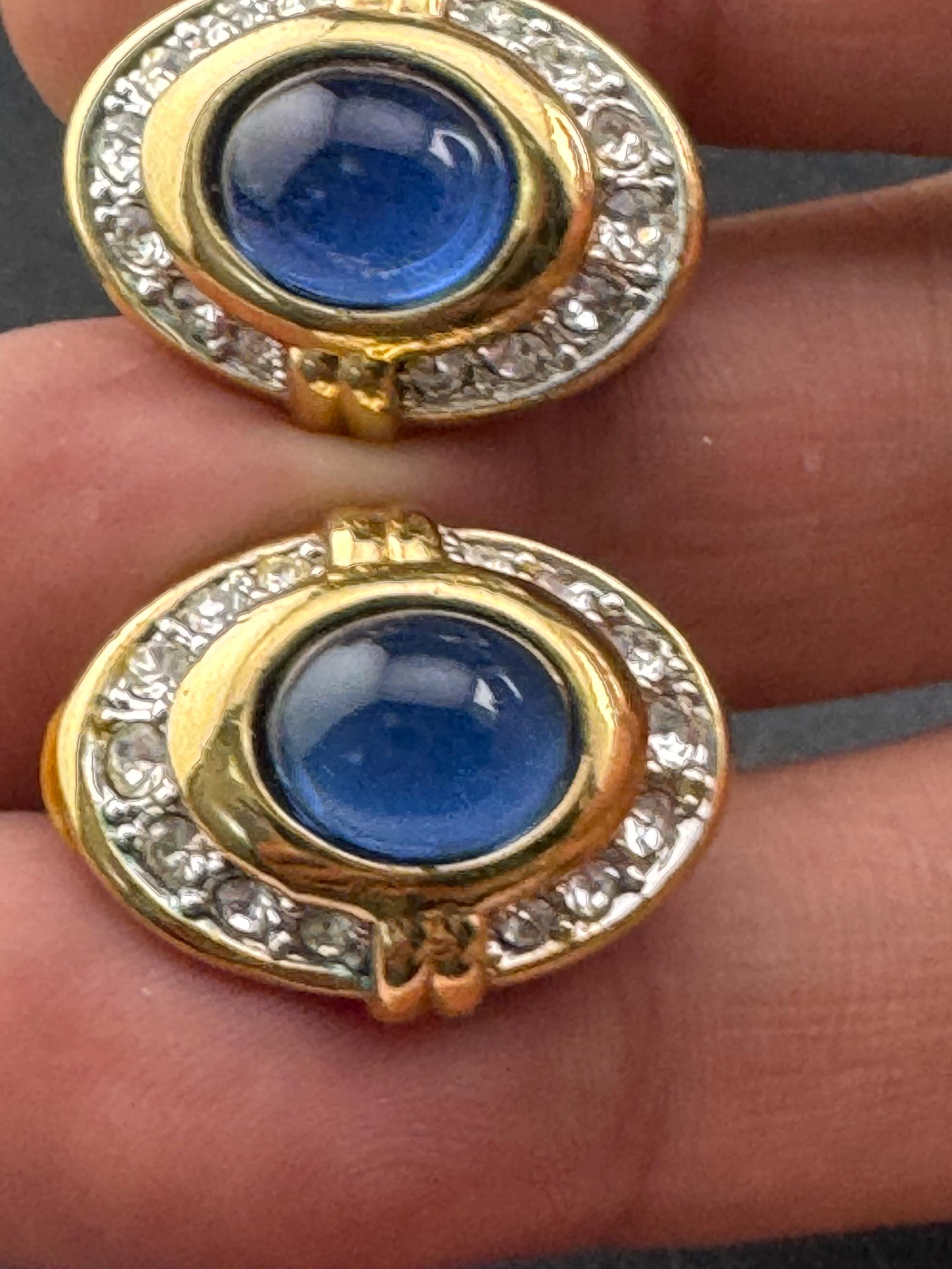 Vintage Oval sapphire clear glass paste gold tone diamanté clip on earrings