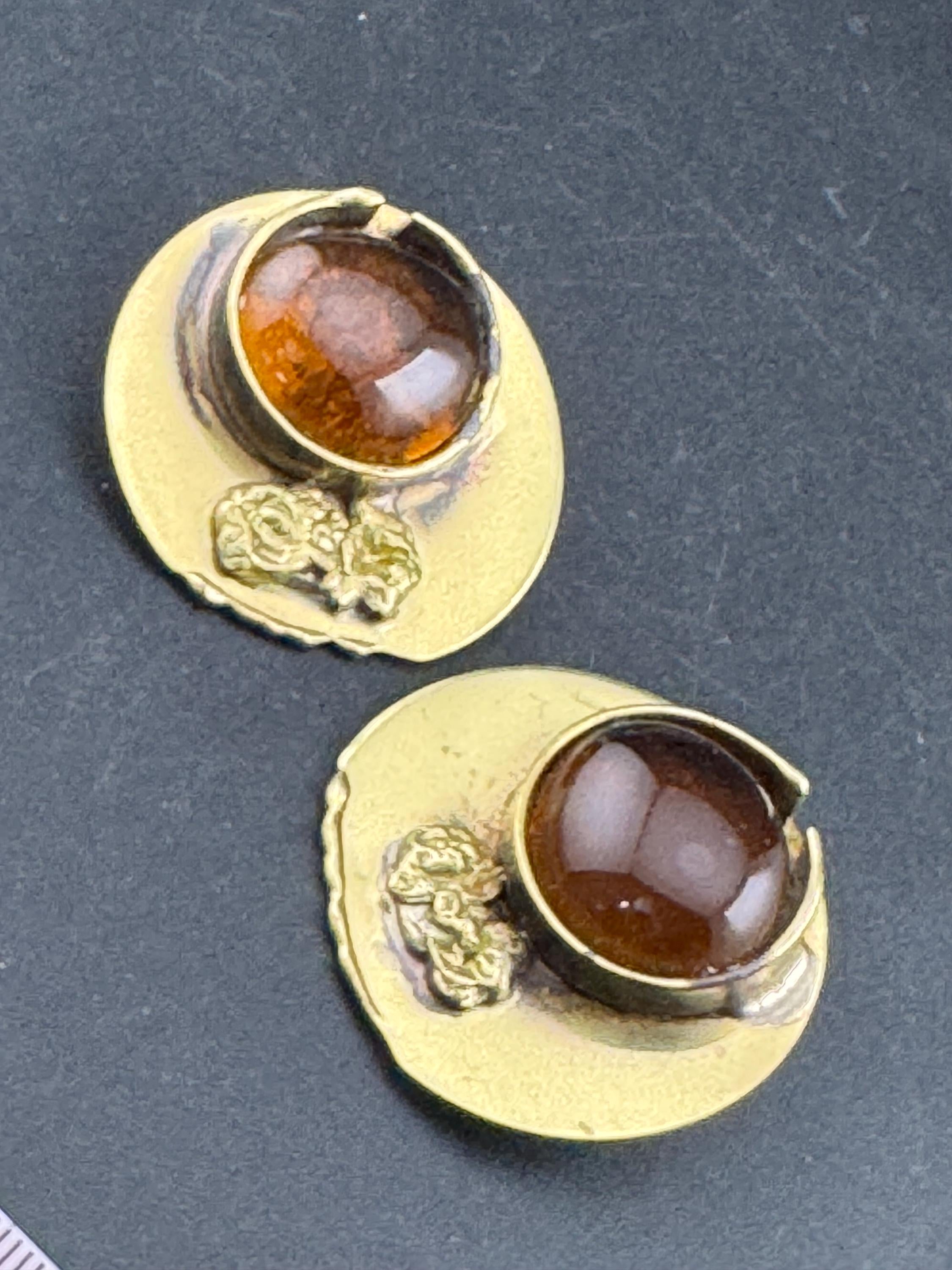 Vintage oversized artisan 4cm brass disc clip on earrings with brown glass cabochon