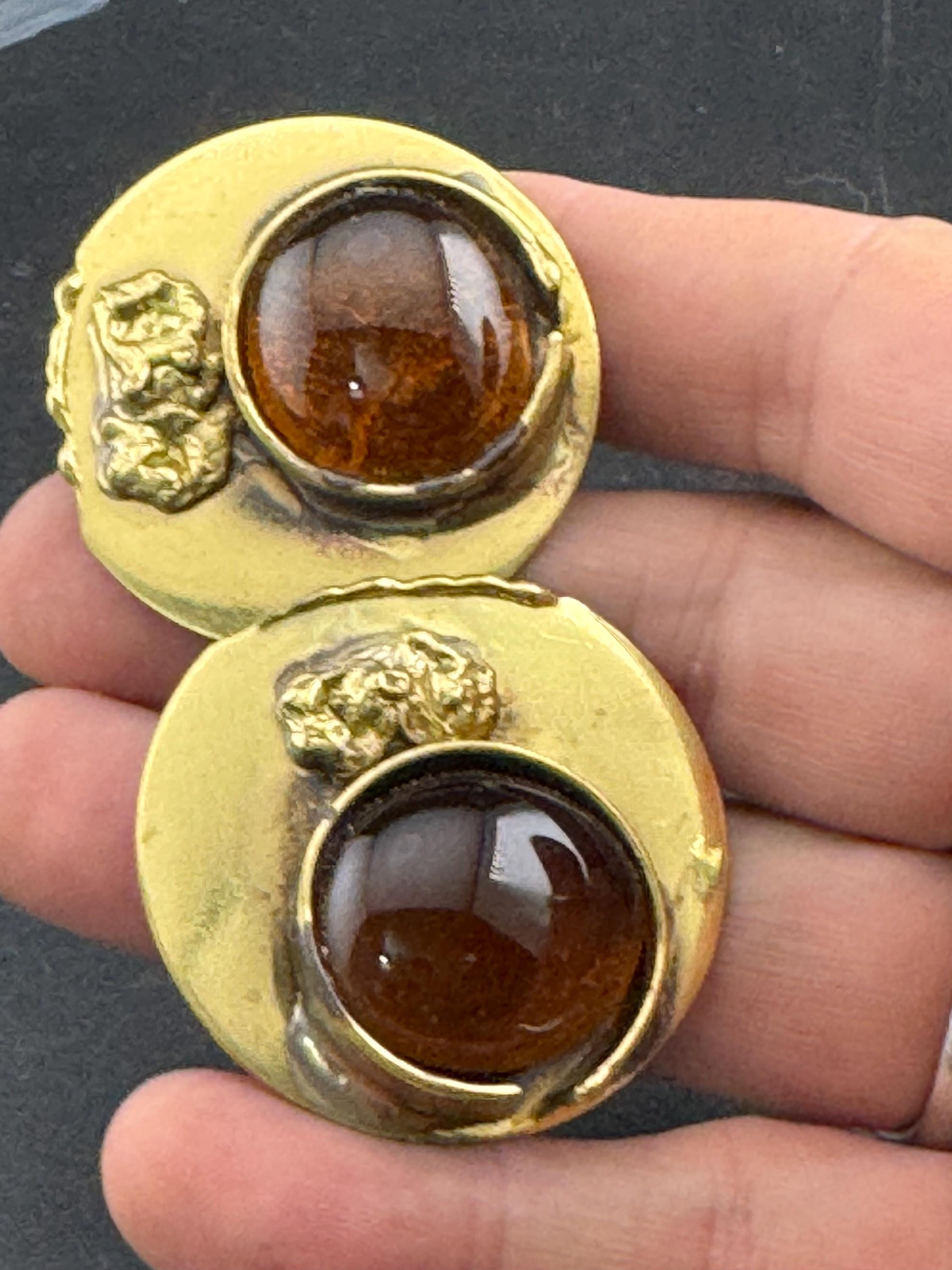 Vintage oversized artisan 4cm brass disc clip on earrings with brown glass cabochon