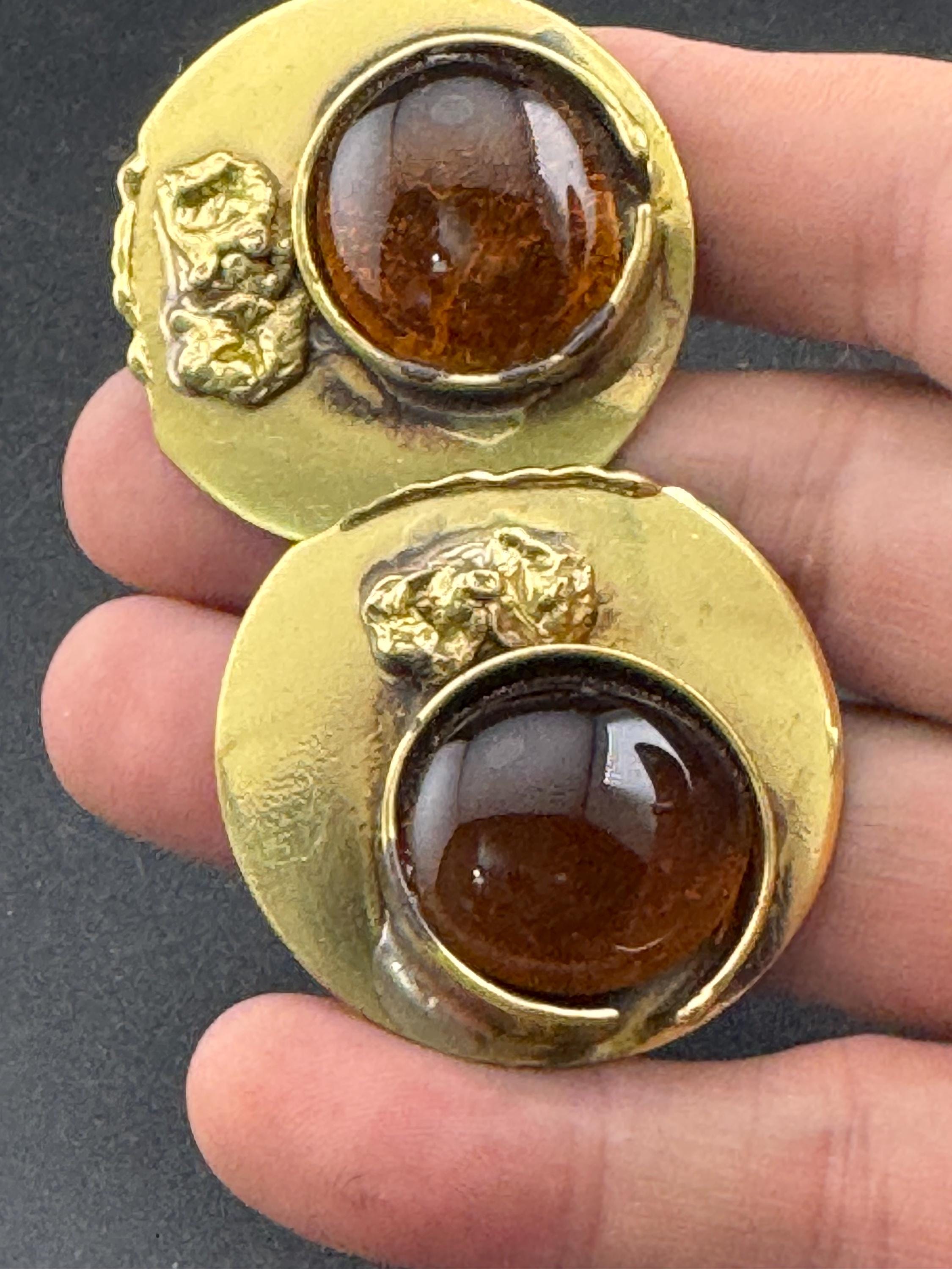 Vintage oversized artisan 4cm brass disc clip on earrings with brown glass cabochon