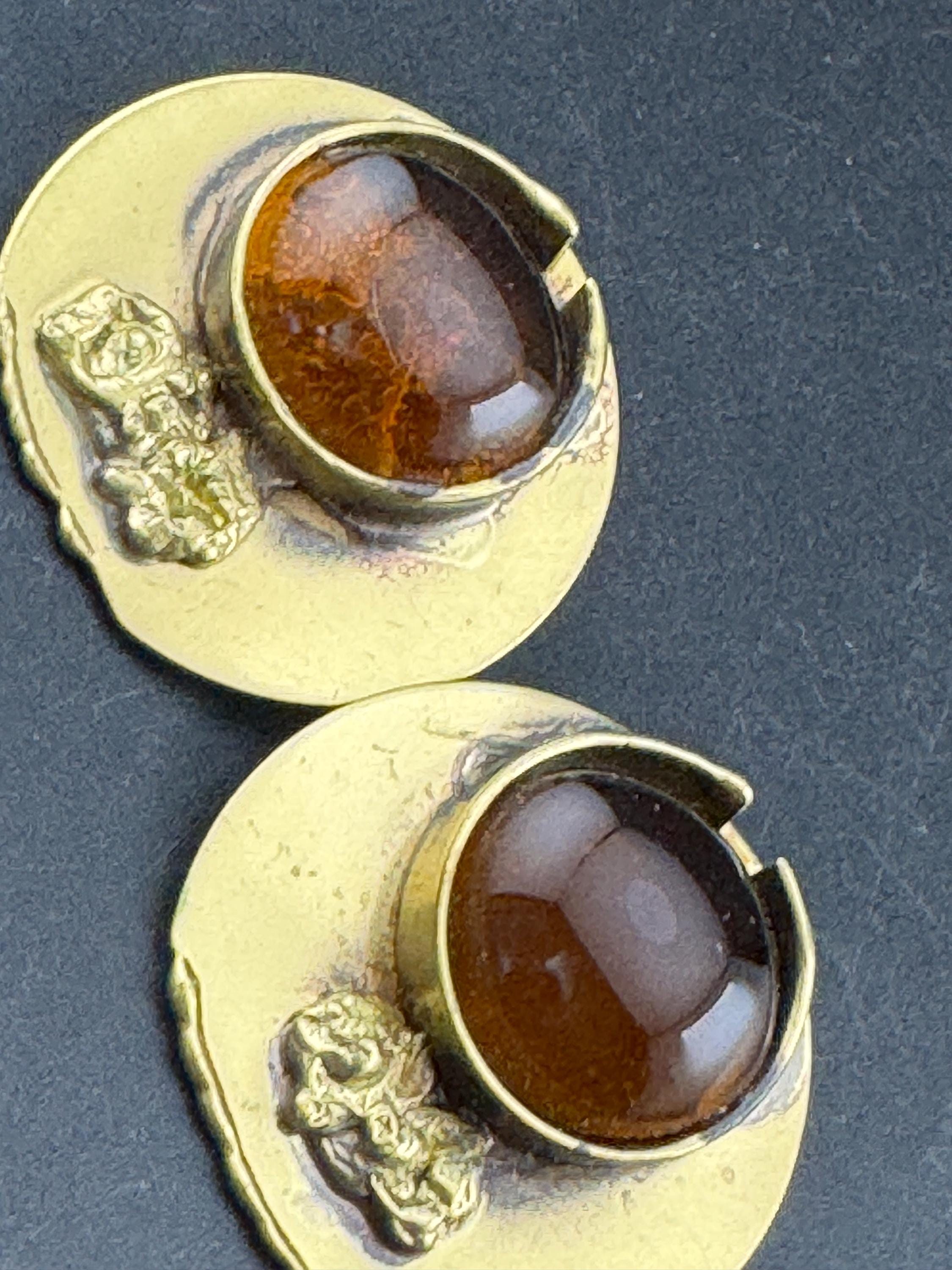 Vintage oversized artisan 4cm brass disc clip on earrings with brown glass cabochon