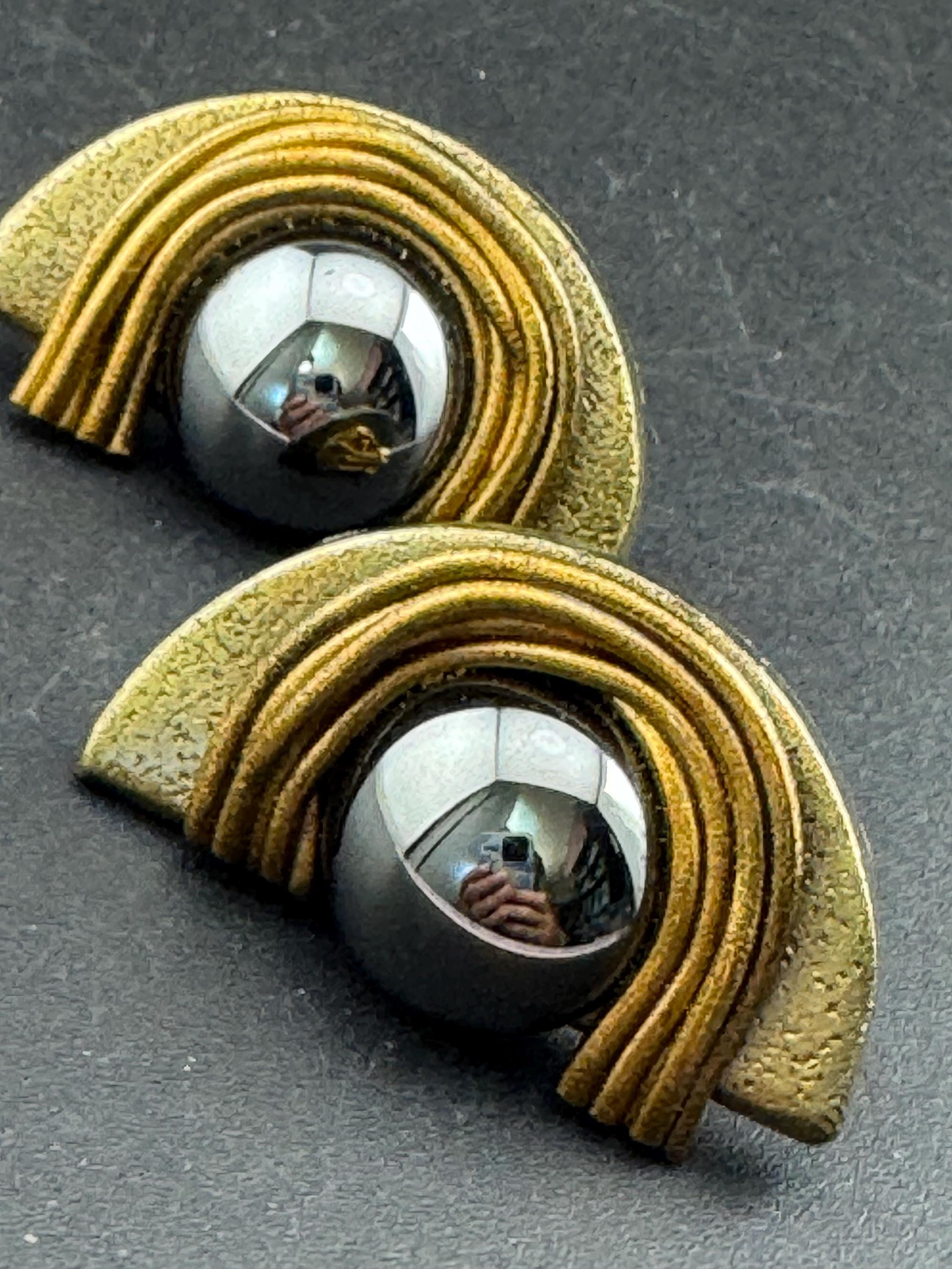 Vintage deco style vintage Gold tone Grey glass pearl cabochon semi circle geometric clip on earrings