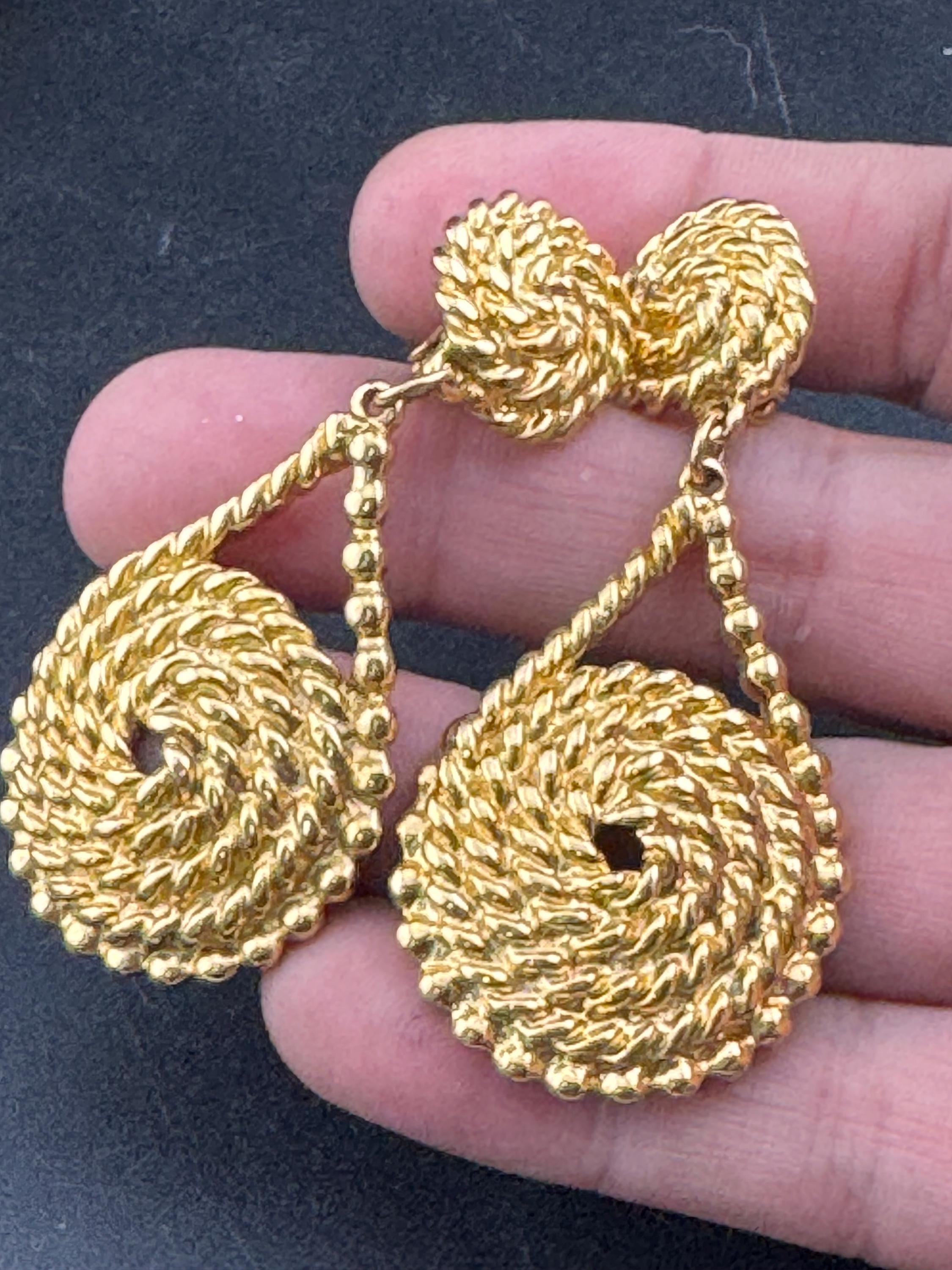 vintage gold tone oversized pair of rope twist clip on dangly earrings 6cm