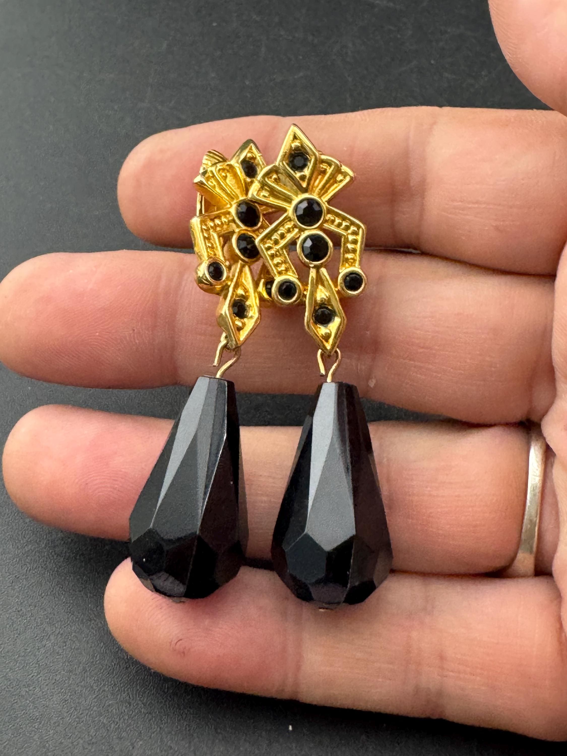 Vintage black acrylic faceted teardrop diamanté clip on earrings, gold tone
