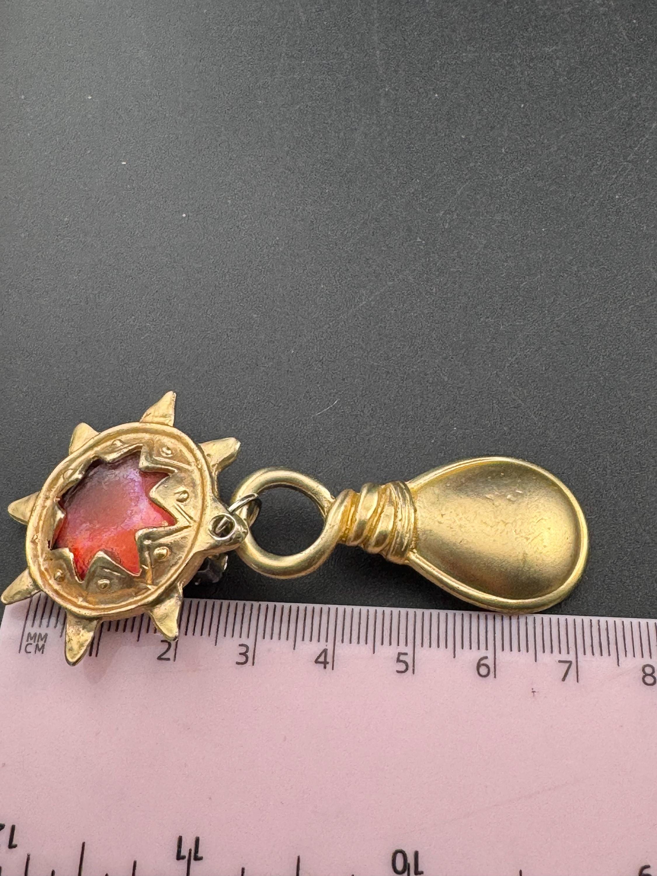 XL Large matt gold tone dangly clip on SUN teardrop Earrings quth central orange cabochon