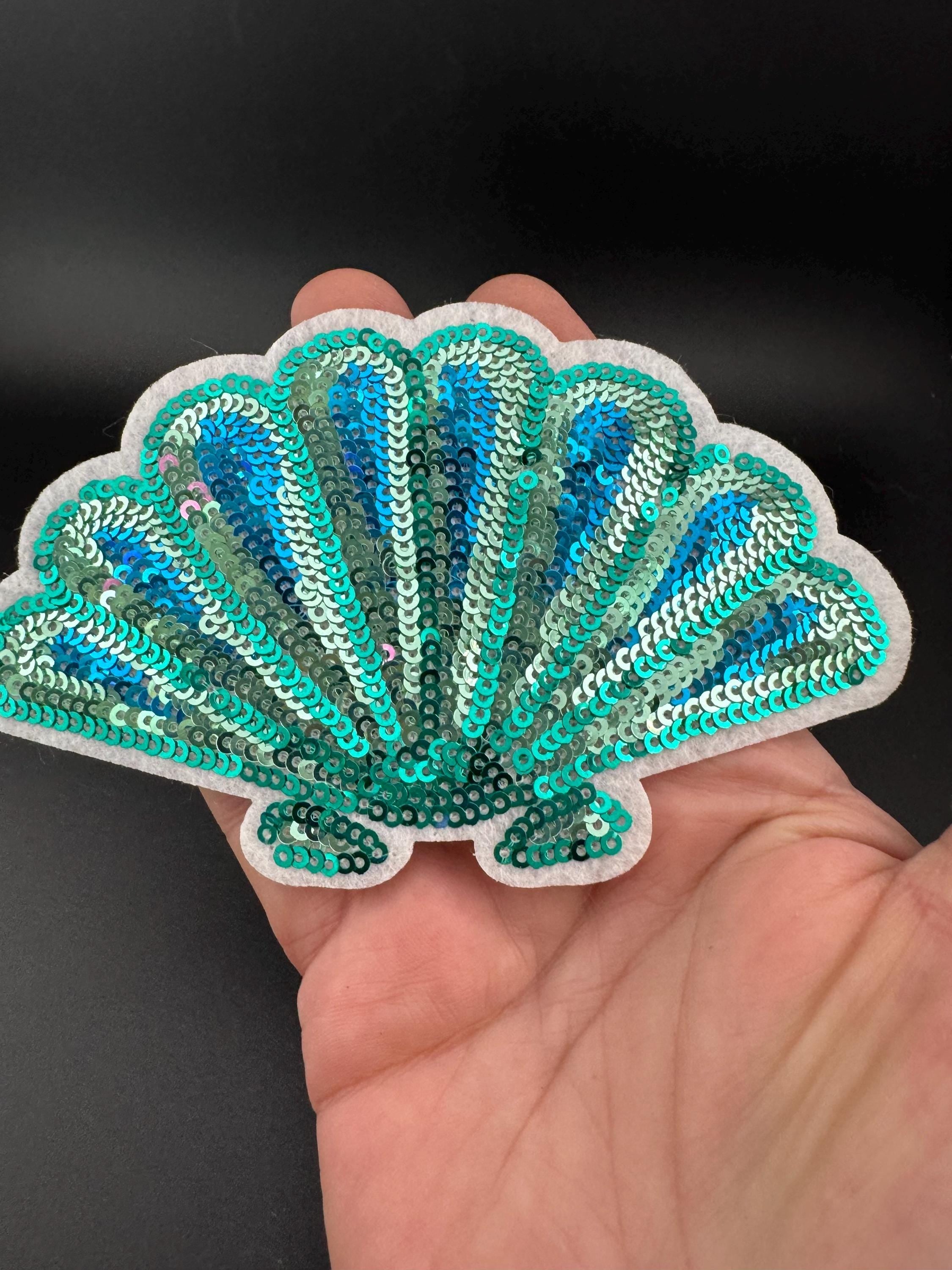 1 x large turquoise blue and green sequin iron On Nautical sea scallop sea shell sequinned Patch 12 x 8cm sewing craft appliqué