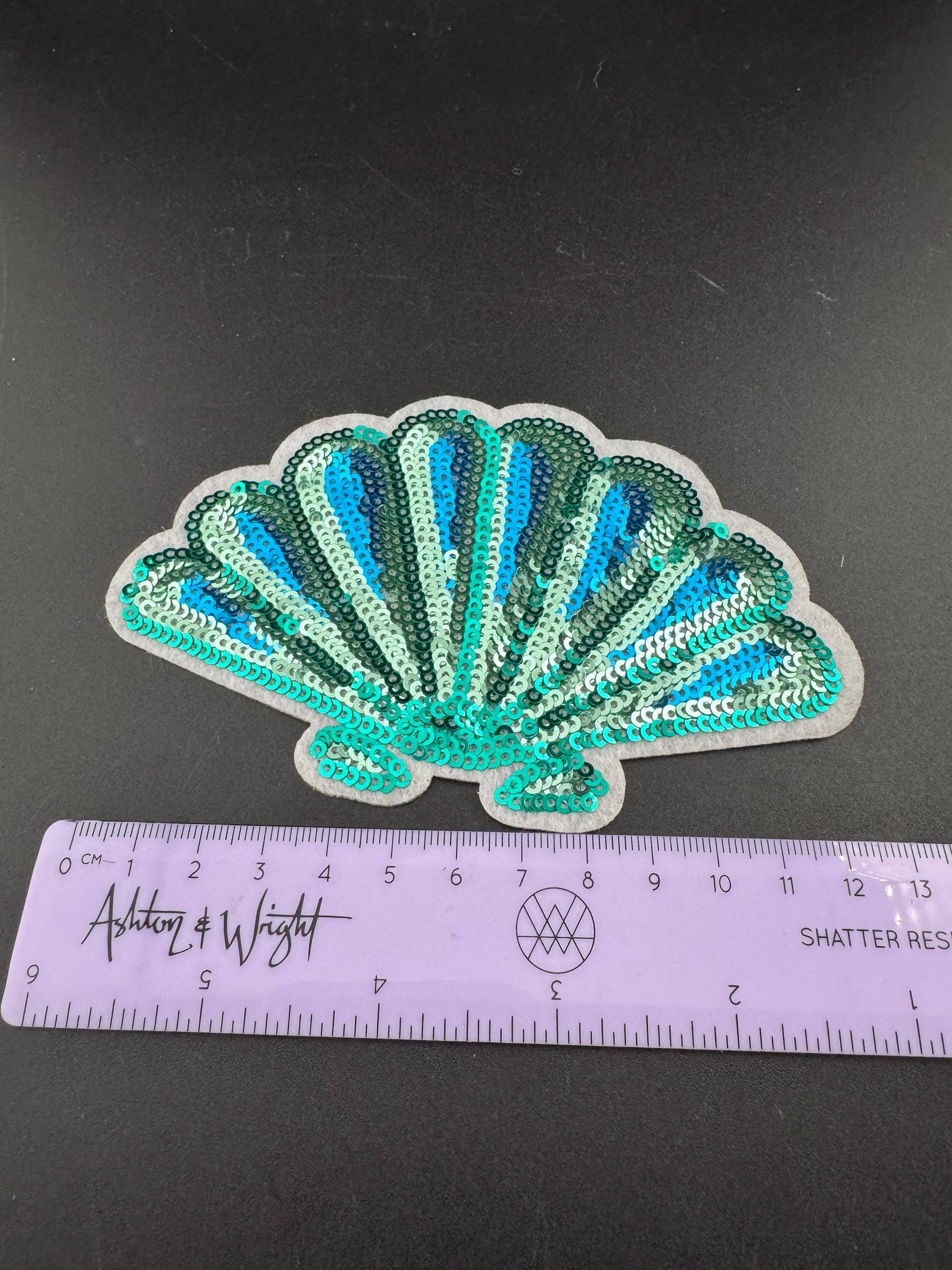 1 x large turquoise blue and green sequin iron On Nautical sea scallop sea shell sequinned Patch 12 x 8cm sewing craft appliqué