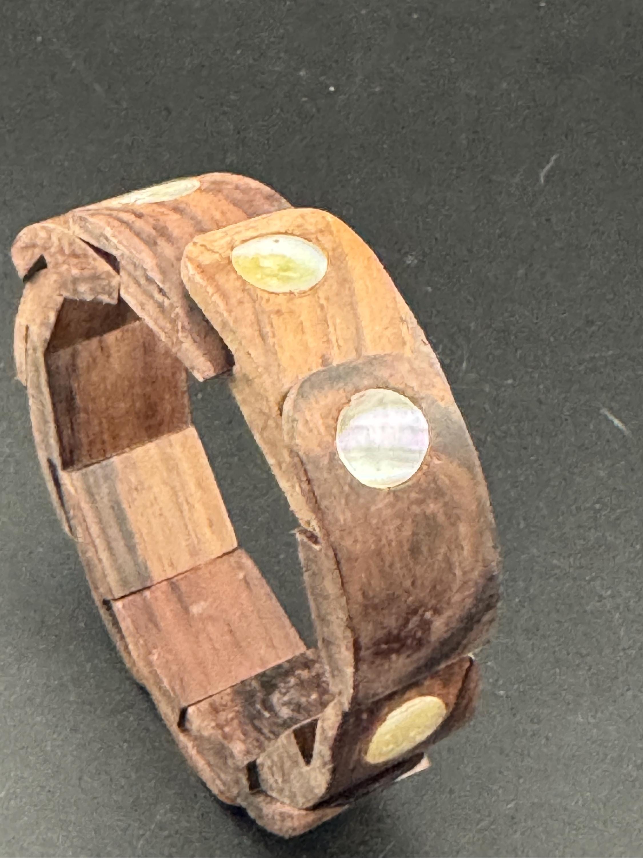 Vintage Boho Wood Cuff Bangle: Mother of Pearl Inlay, Wide Bracelet