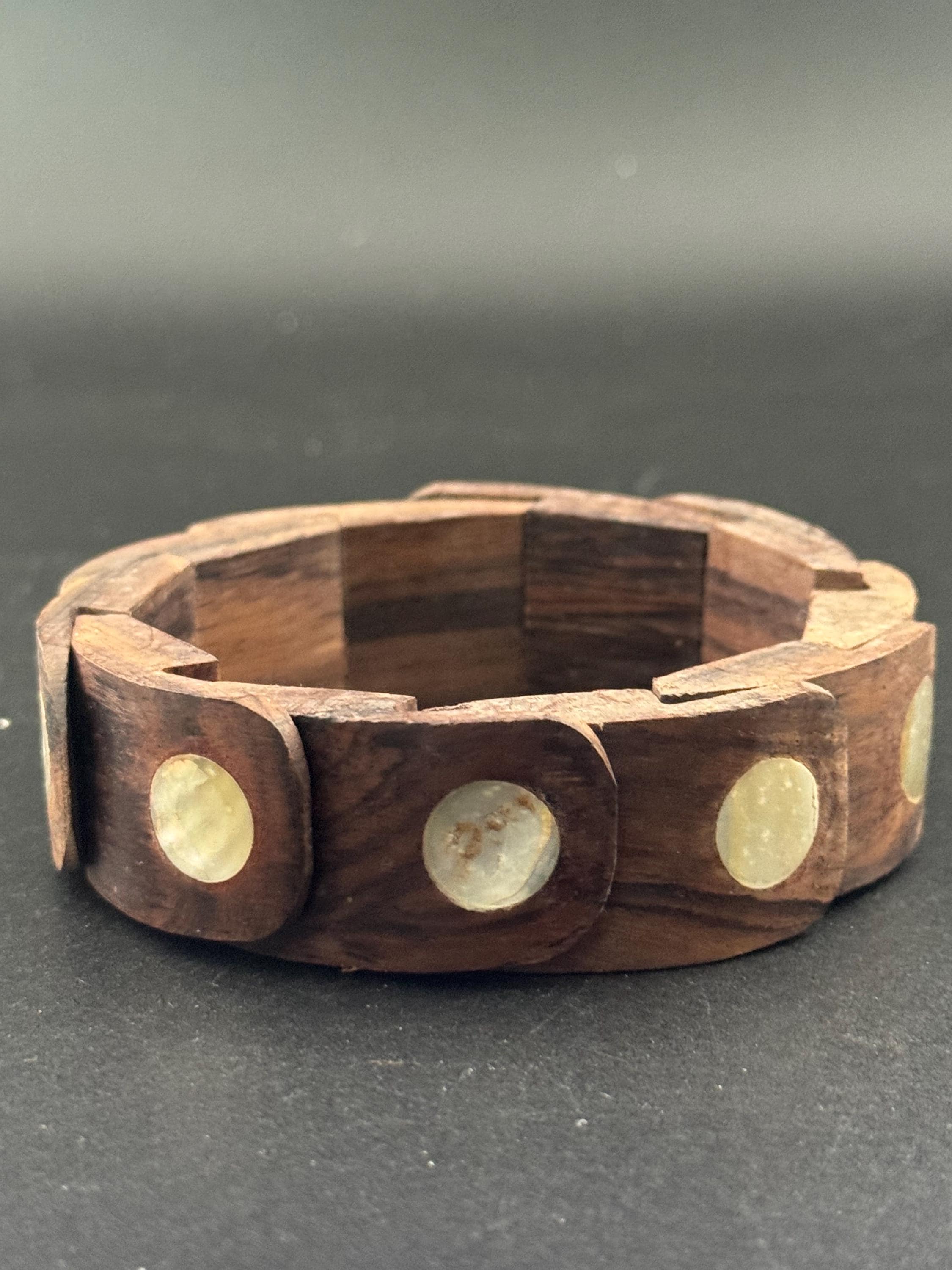 Vintage Boho Wood Cuff Bangle: Mother of Pearl Inlay, Wide Bracelet