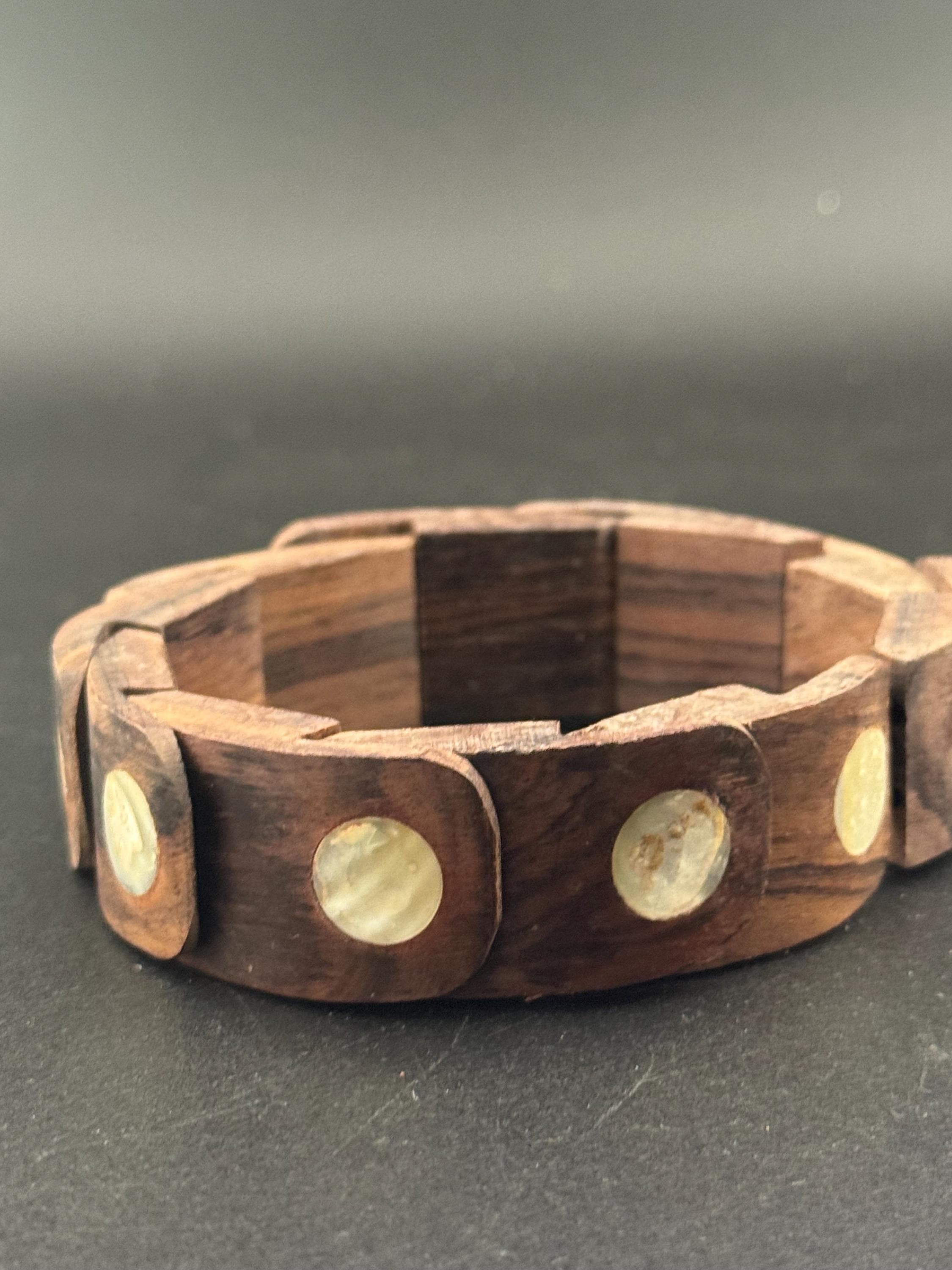 Vintage Boho Wood Cuff Bangle: Mother of Pearl Inlay, Wide Bracelet