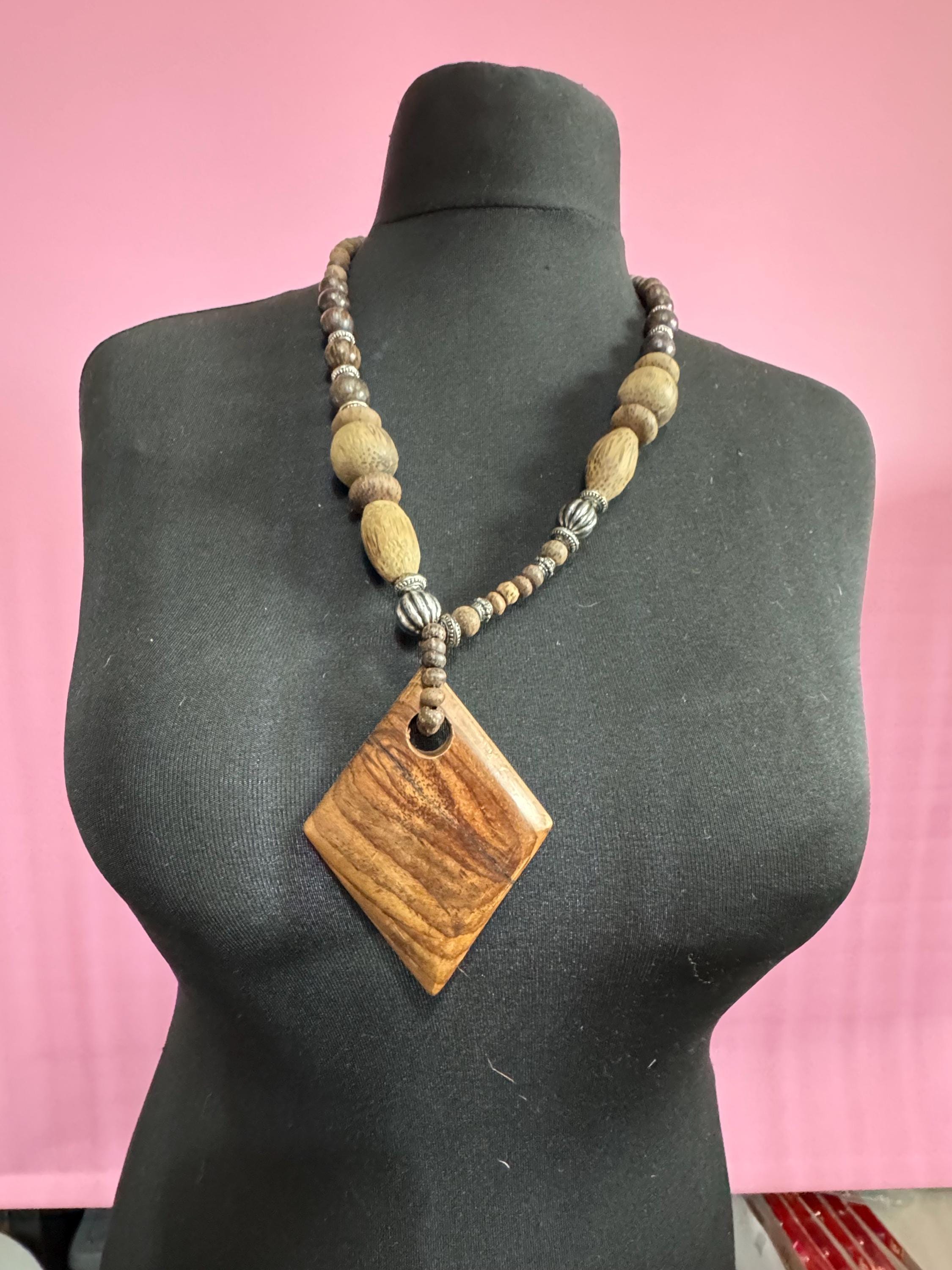 long vintage dark brown natural wooden beaded pendant necklace boho festival jewellery